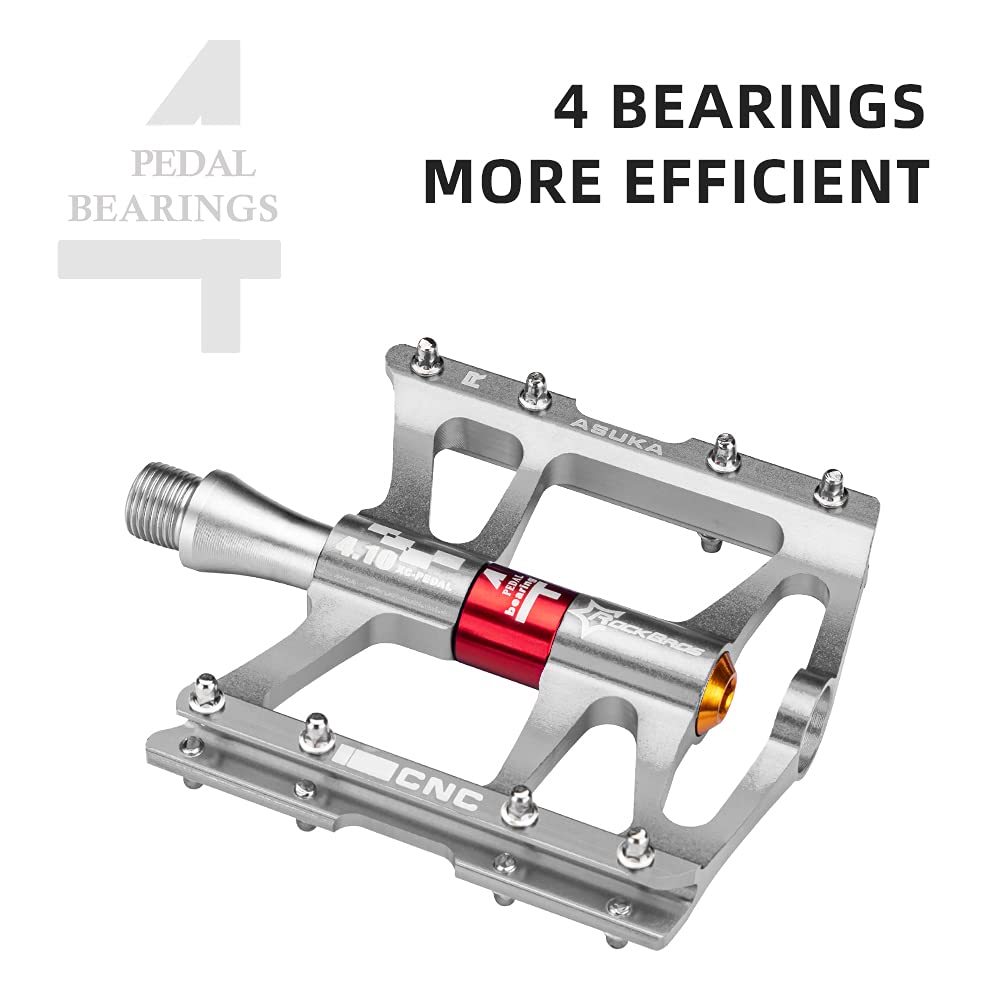 ROCKBROS 4 Bearings Mountain MTB Bike Pedals Platform Flat Aluminum Alloy 9/16" - ROCKBROS  #color_Silver
