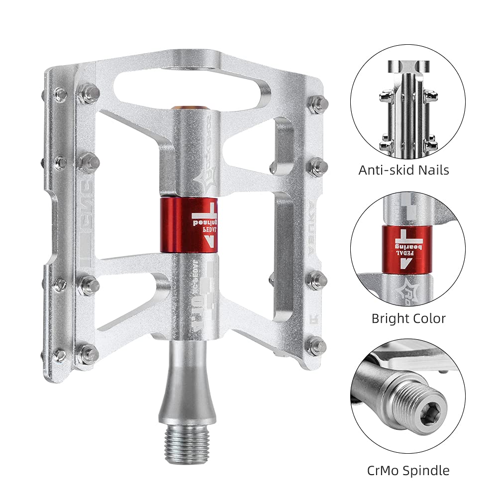 ROCKBROS 4 Bearings Mountain MTB Bike Pedals Platform Flat Aluminum Alloy 9/16" - ROCKBROS  #color_Silver