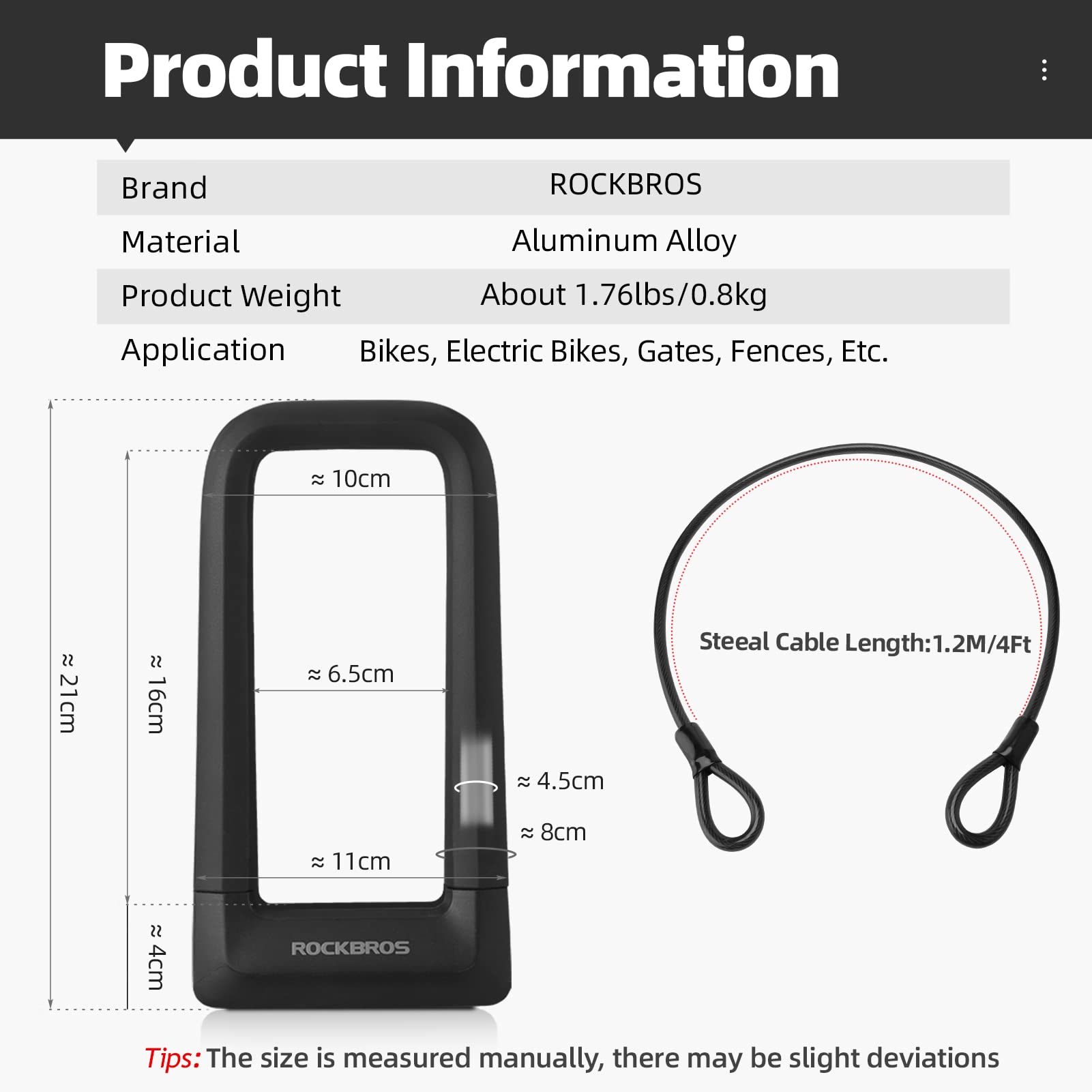 ROCKBROS Bike U Lock, Heavy Duty Anti Theft Bike U Lock with Cable Silicone Cover