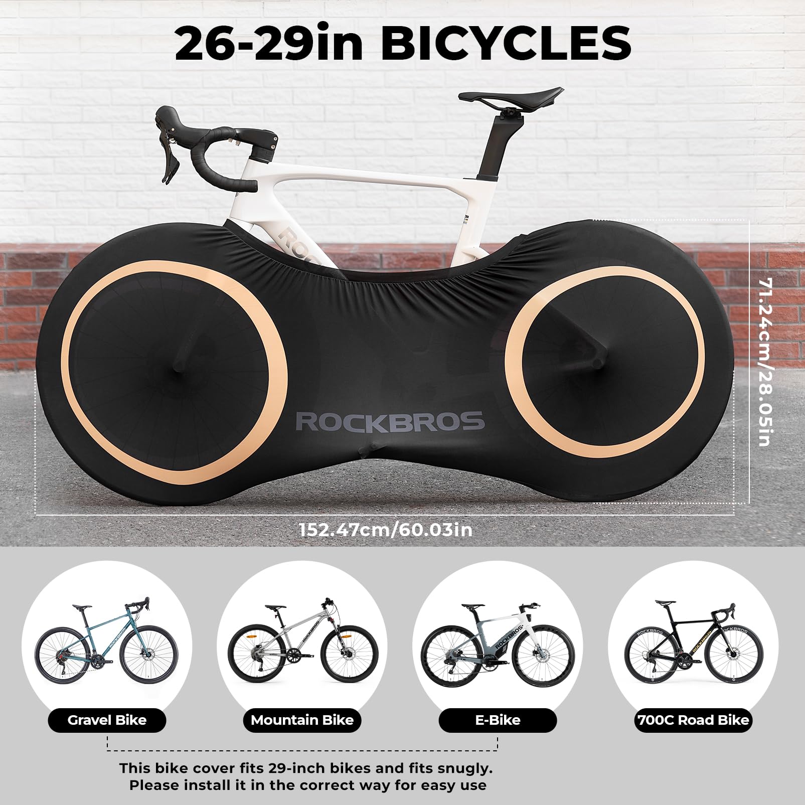 Black bicycle cover with measurements and bike type illustrations on a gray background #Color_Yellow Circle