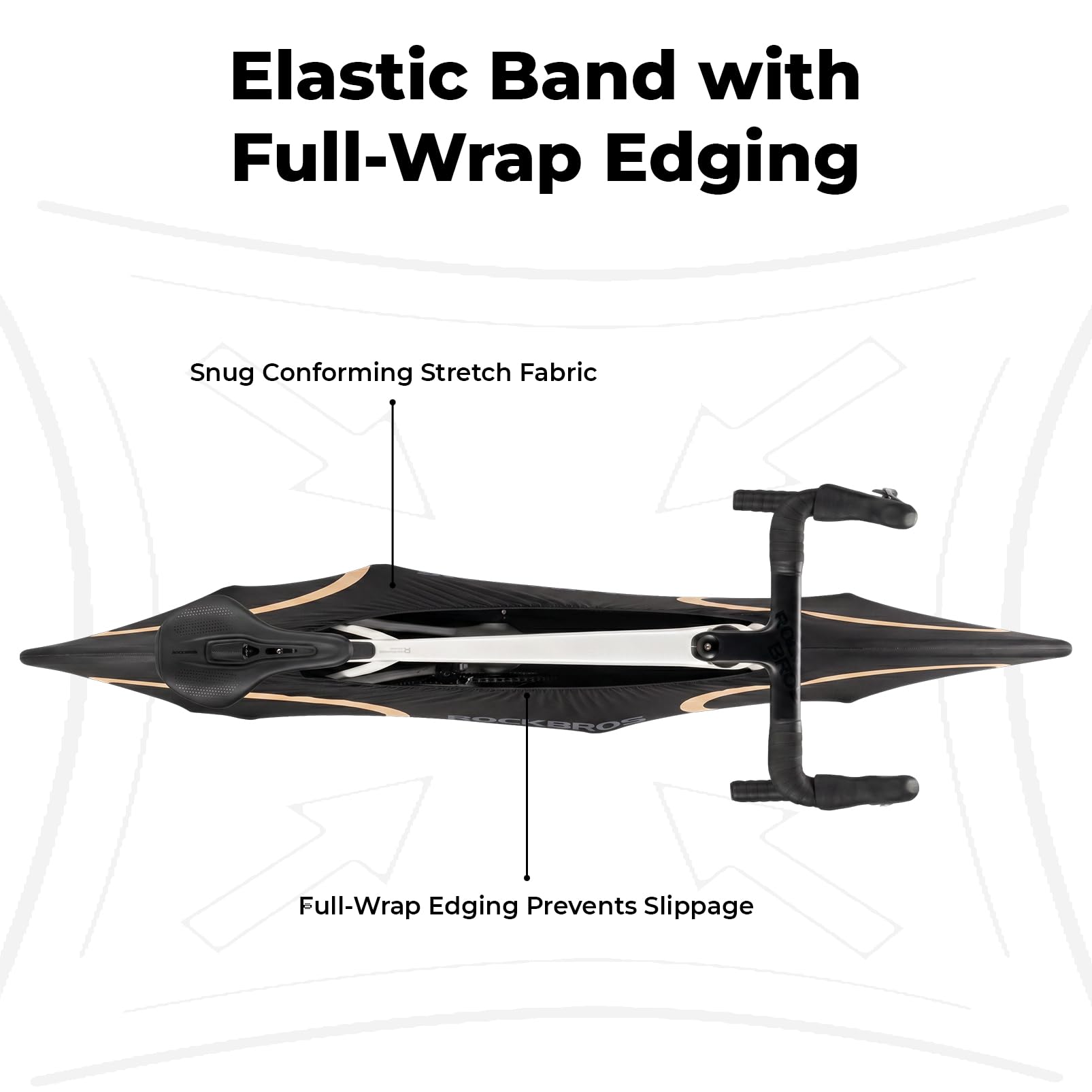 Diagram of a bow with text describing features like elastic band, full-wrap edging, and snug conforming stretch fabric. #Color_Black