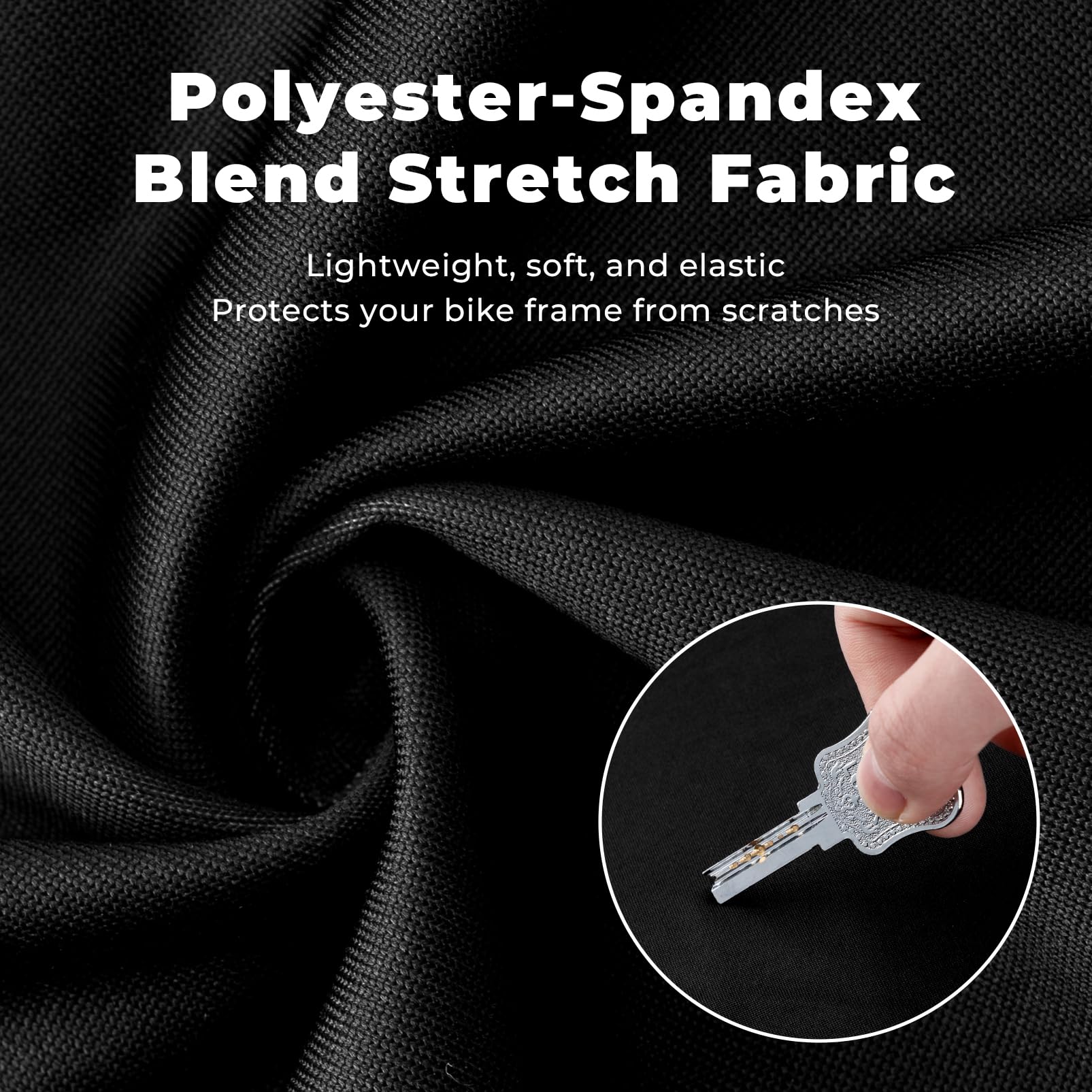 Black polyester-spandex blend stretch fabric with text about its properties. 