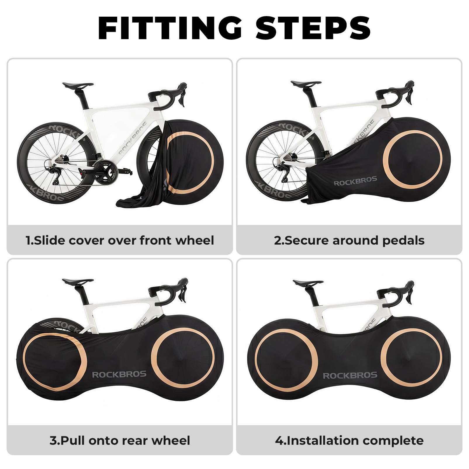 Step-by-step guide on fitting a bicycle wheel cover with images and text. #Color_Yellow Circle