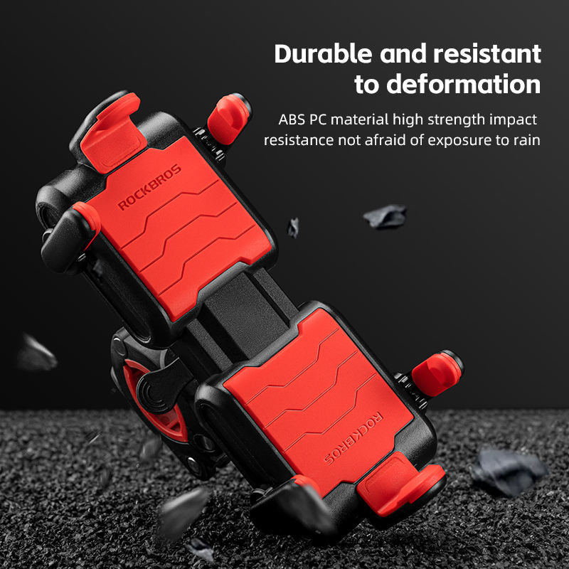 Red and black phone holder with text on durability and resistance to deformation.