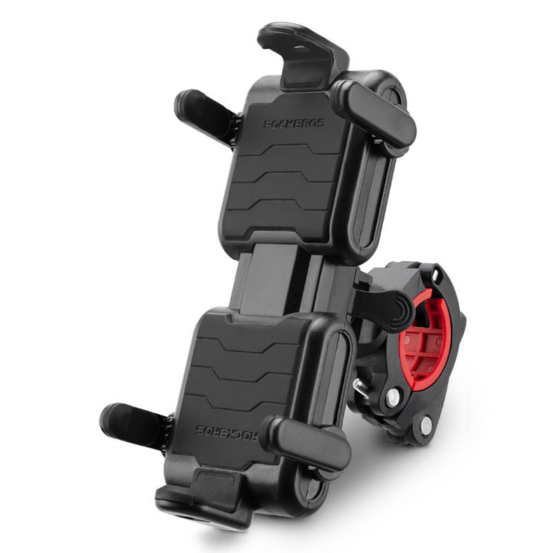 Black motorcycle phone mount with red accent on a white background  #color_Black
