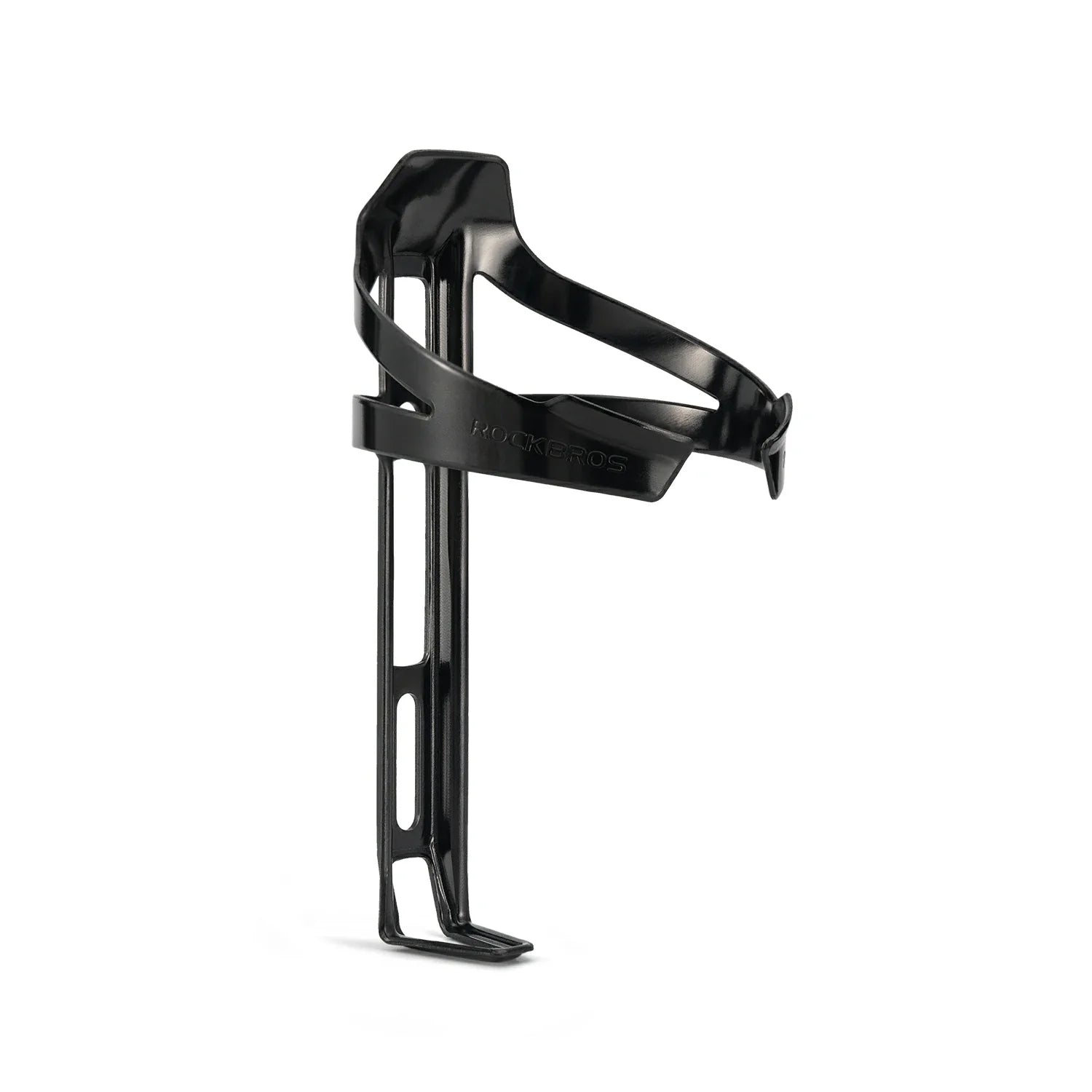 A black metal bicycle water bottle cage shown from a side profile view against a plain white background. #Color_Black