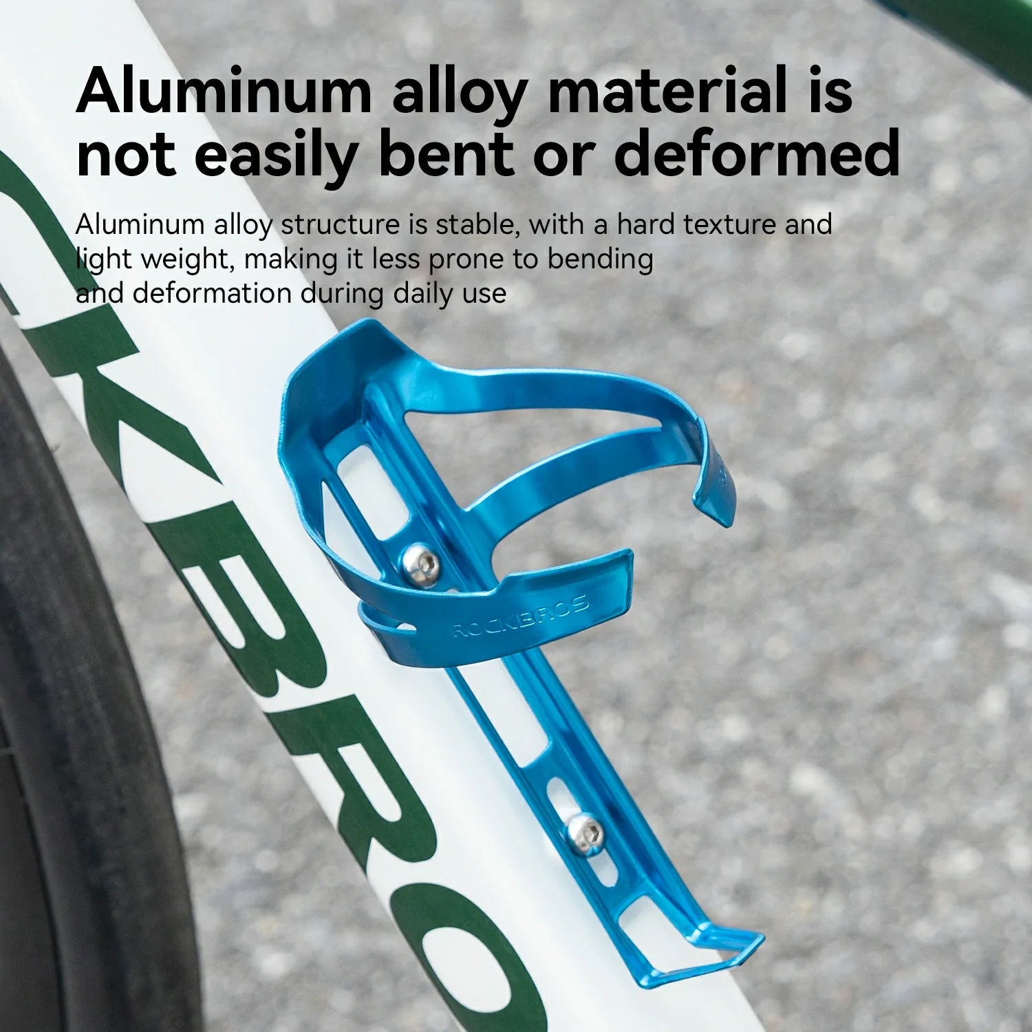 A close-up of a bright blue bicycle water bottle cage mounted on a white bike frame with green lettering, overlaid with text explaining the stability of aluminum alloy material.
