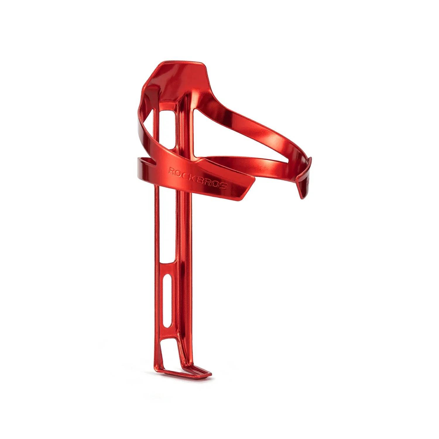 A metallic red bicycle water bottle cage with cutout details, shown from a side profile on a clean white background. #Color_Red