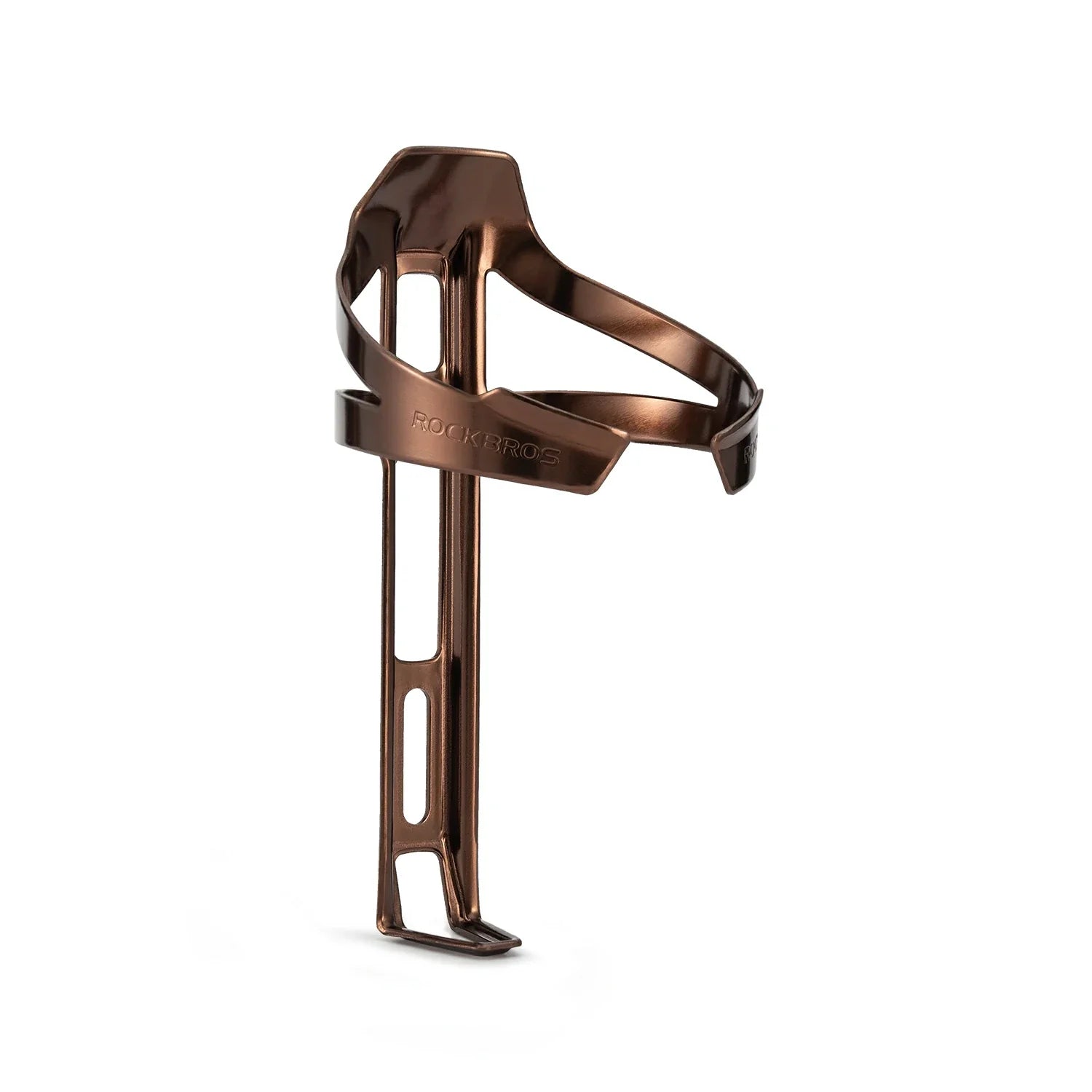 A metallic bronze bicycle water bottle cage with the brand name 'ROCKBROS' embossed on the front, shown against a plain white background. #Color_Brown