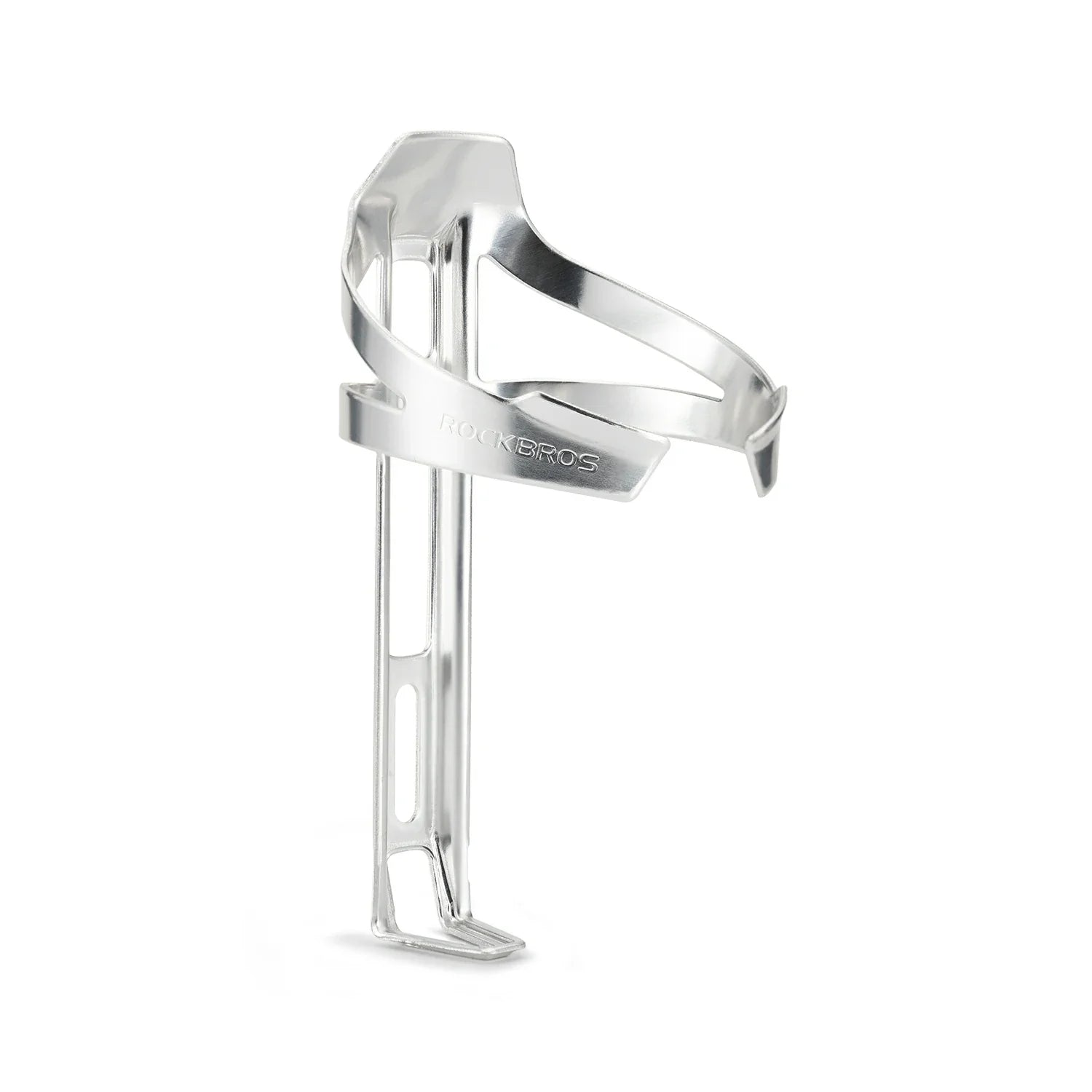 A polished stainless steel bicycle water bottle cage with the brand name 'ROCKBROS' debossed on the front band, shown against a solid white background. #Color_Silver
