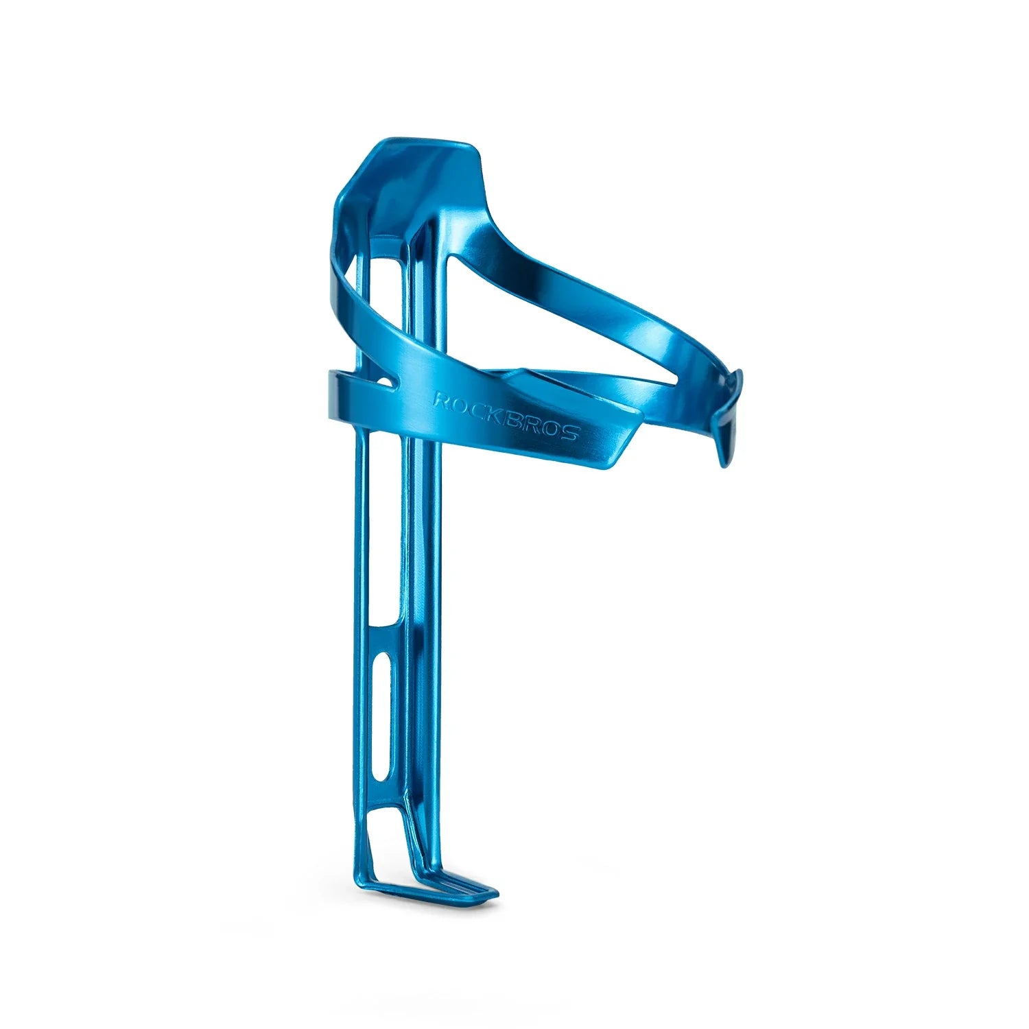 A metallic blue bicycle water bottle cage on a clean white background. #Color_Blue