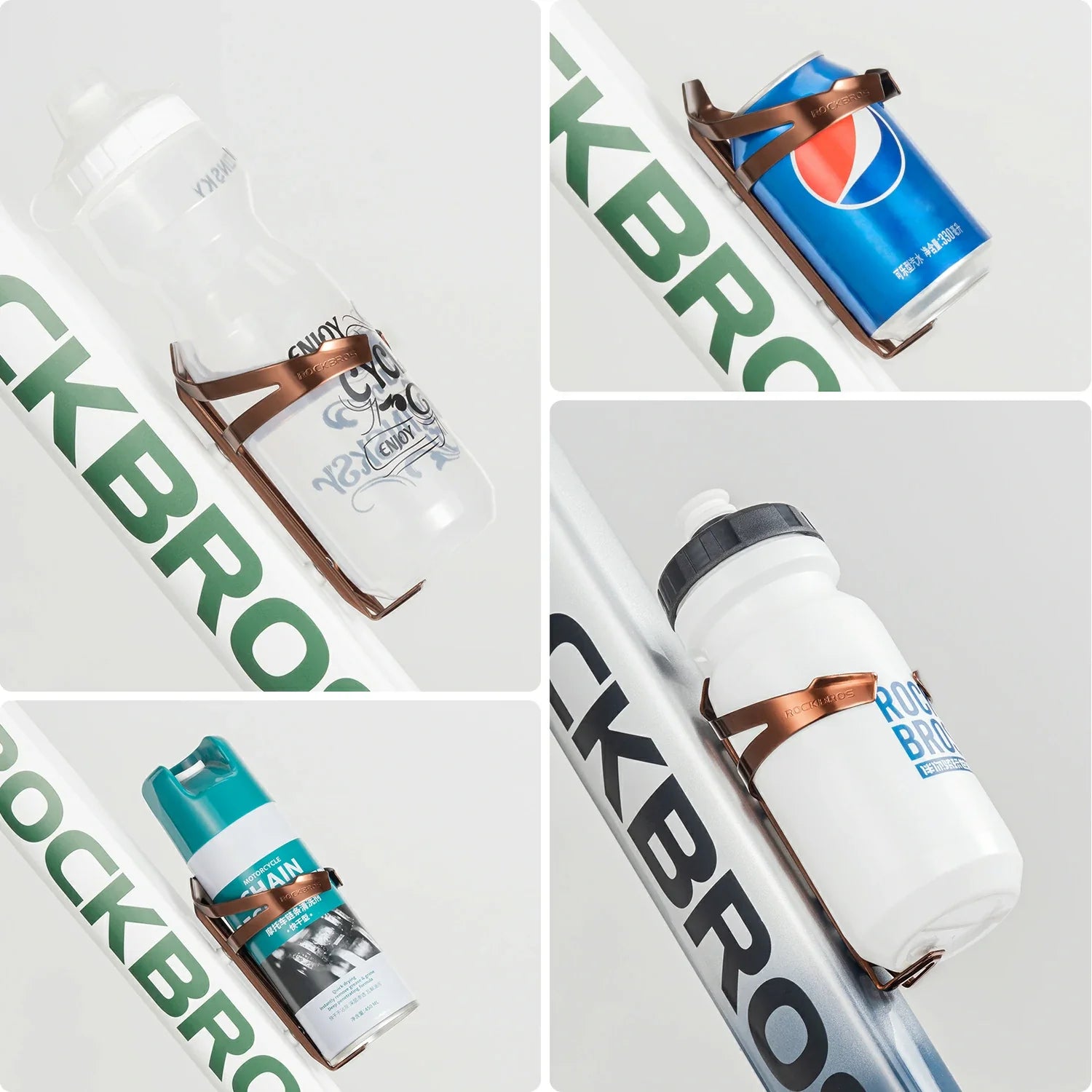 A collage showing a bicycle water bottle holder mounted on a white bicycle frame, holding several beverage cans and bottles in different color combinations. The holder is made of a metallic copper-brown material.