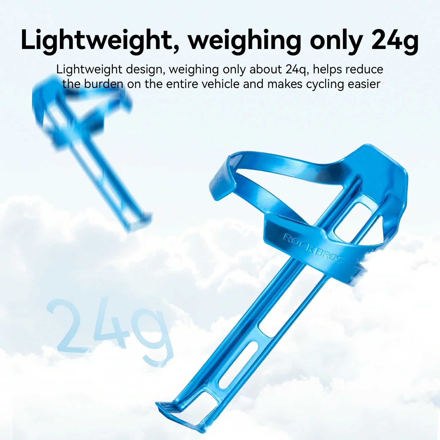 Blue bicycle bottle cage shown against a light sky-and-cloud background with marketing text reading 'Lightweight, weighing only 24g' and 'Lightweight design, weighing only about 24g, helps reduce the burden on the entire vehicle and makes cycling easier.'.