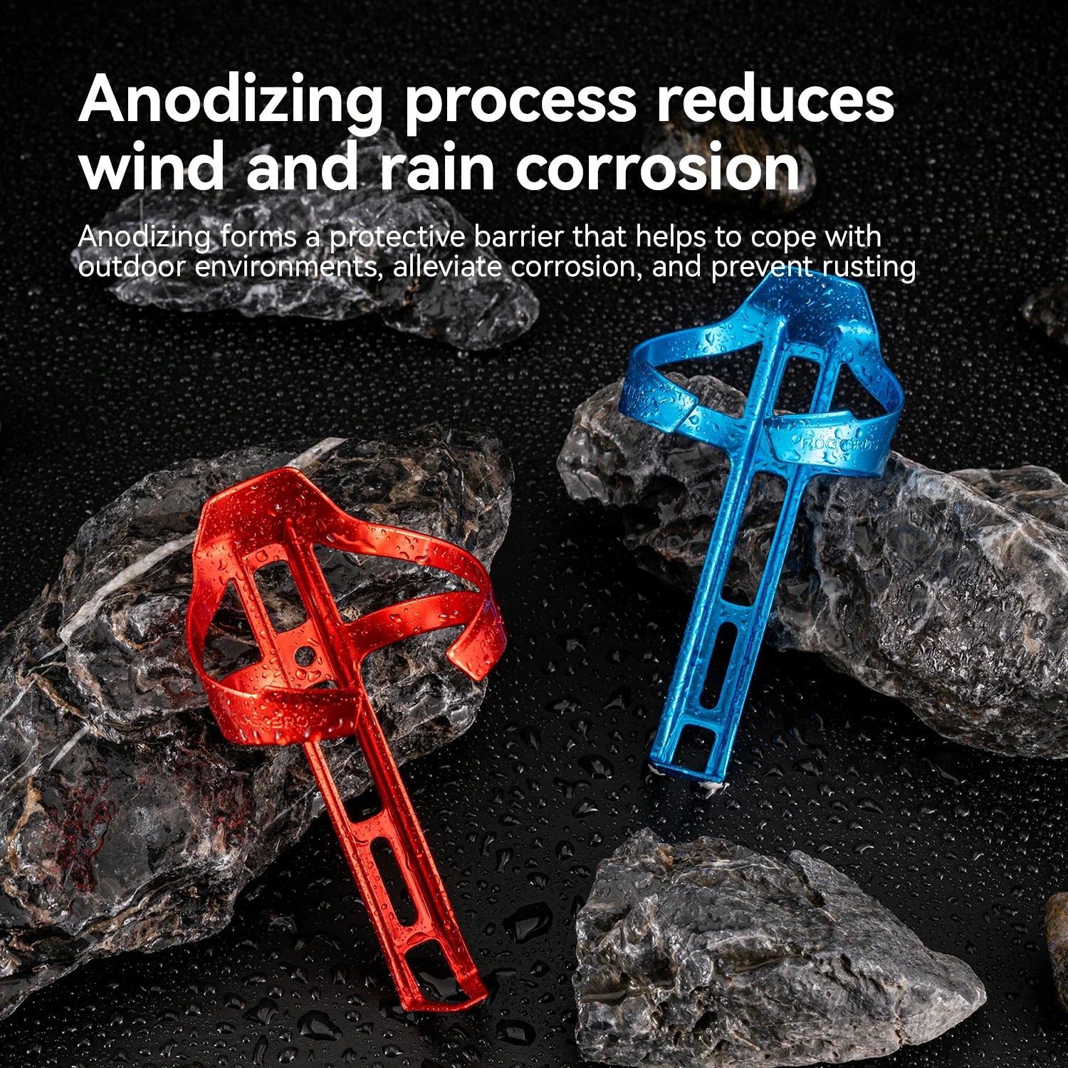 Two anodized bicycle bottle holders, one red and one blue, displayed on dark rocks with promotional text explaining corrosion protection.