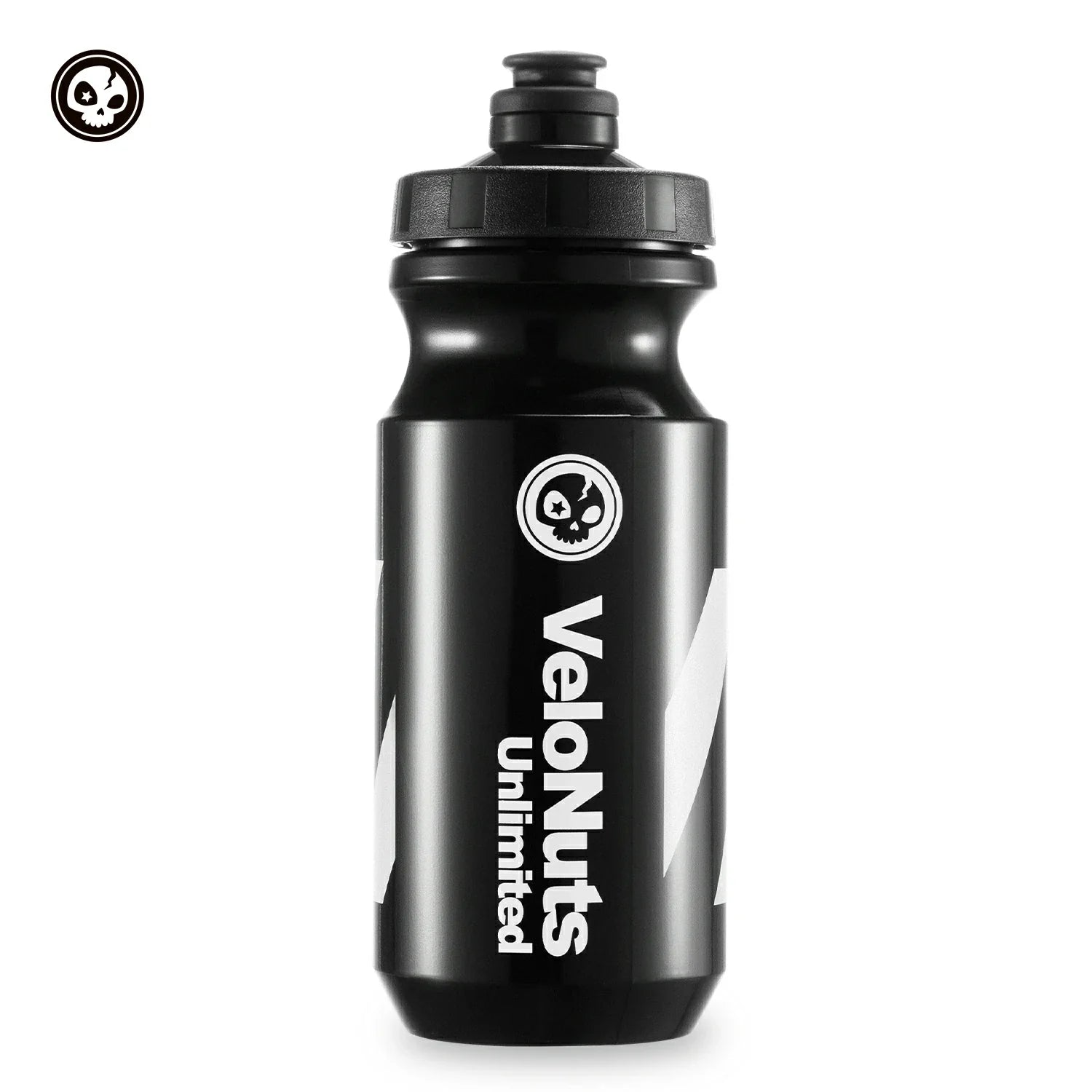 Black water bottle with 'VeloNuts ' branding on a white background
