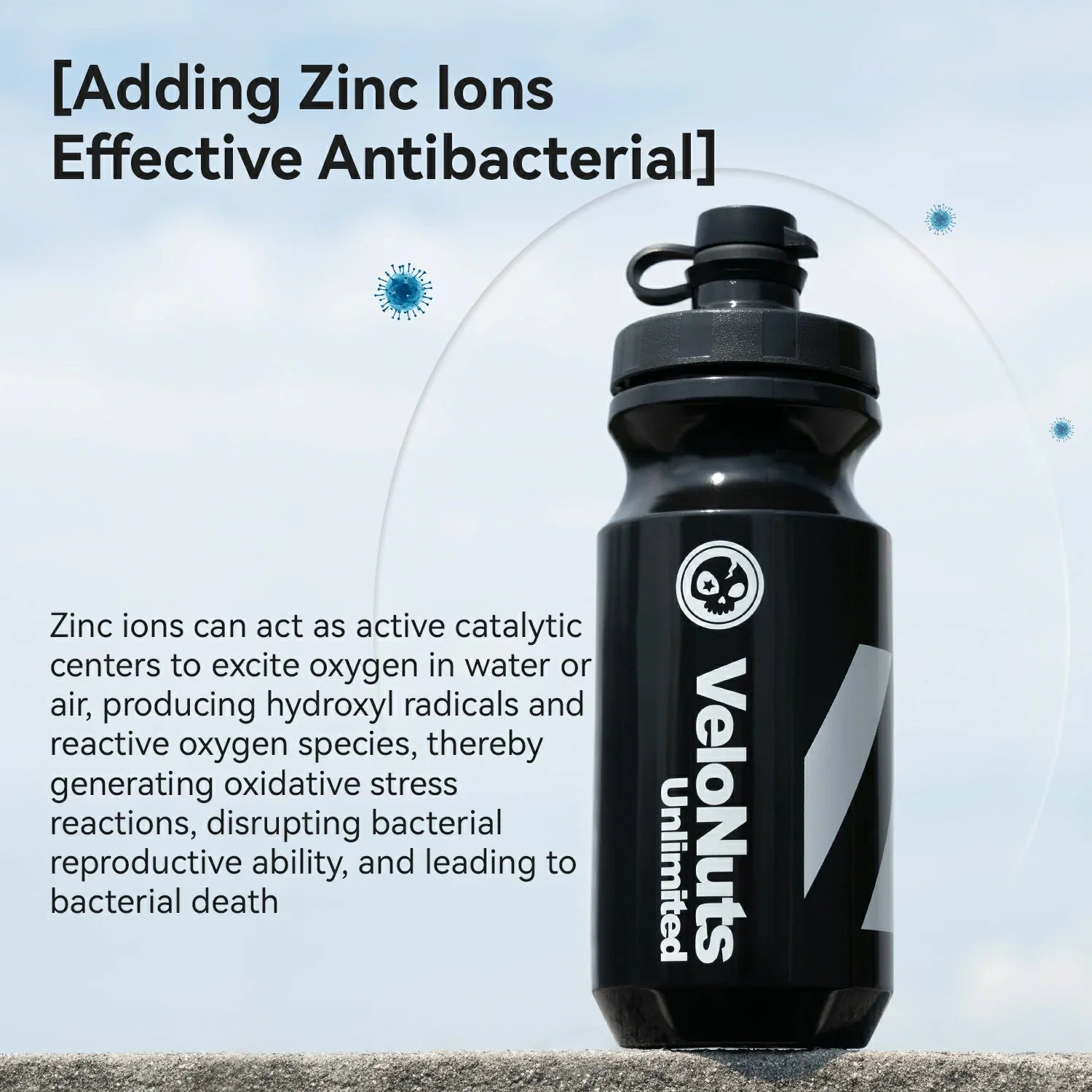 Black water bottle with VeloNuts Unlimited branding on a light blue background
