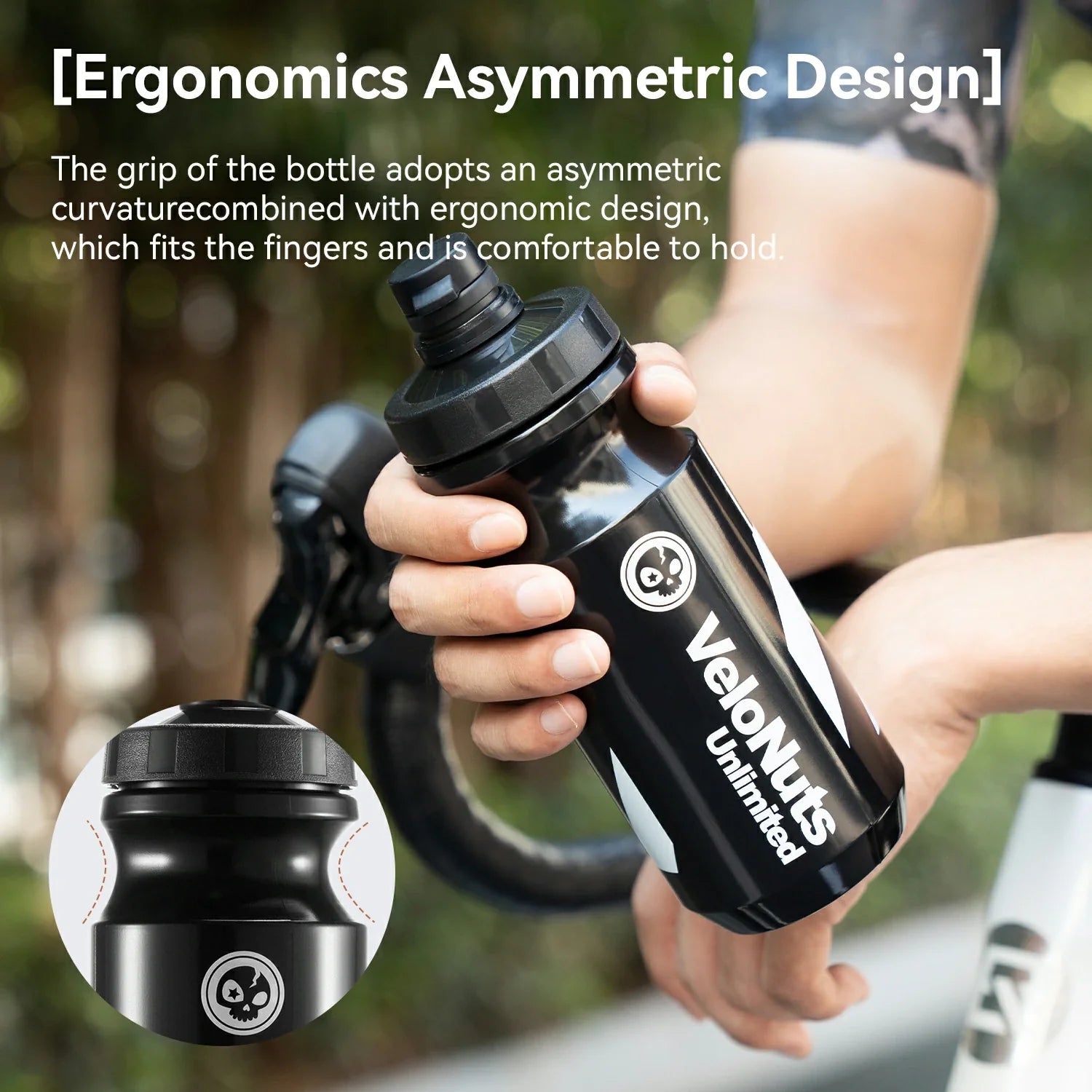 Person holding a black bottle with Velonuts branding, featuring ergonomic design text.
