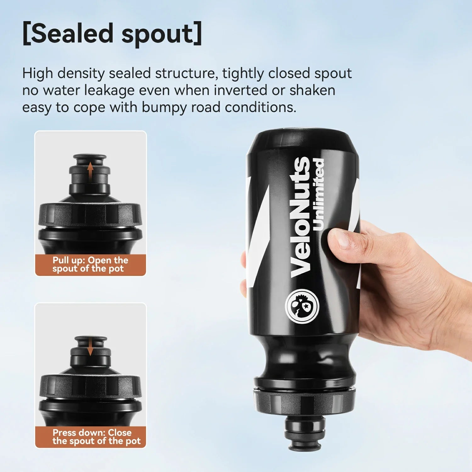 Black VeloNuts water bottle with sealed spout feature on a light blue background