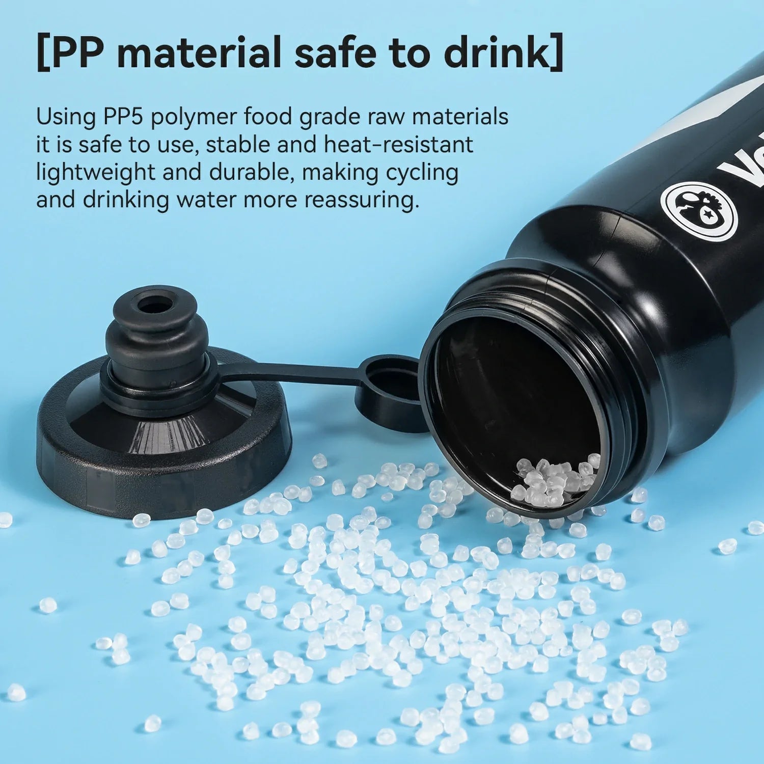 Black water bottle with PP5 polymer raw materials on a blue background