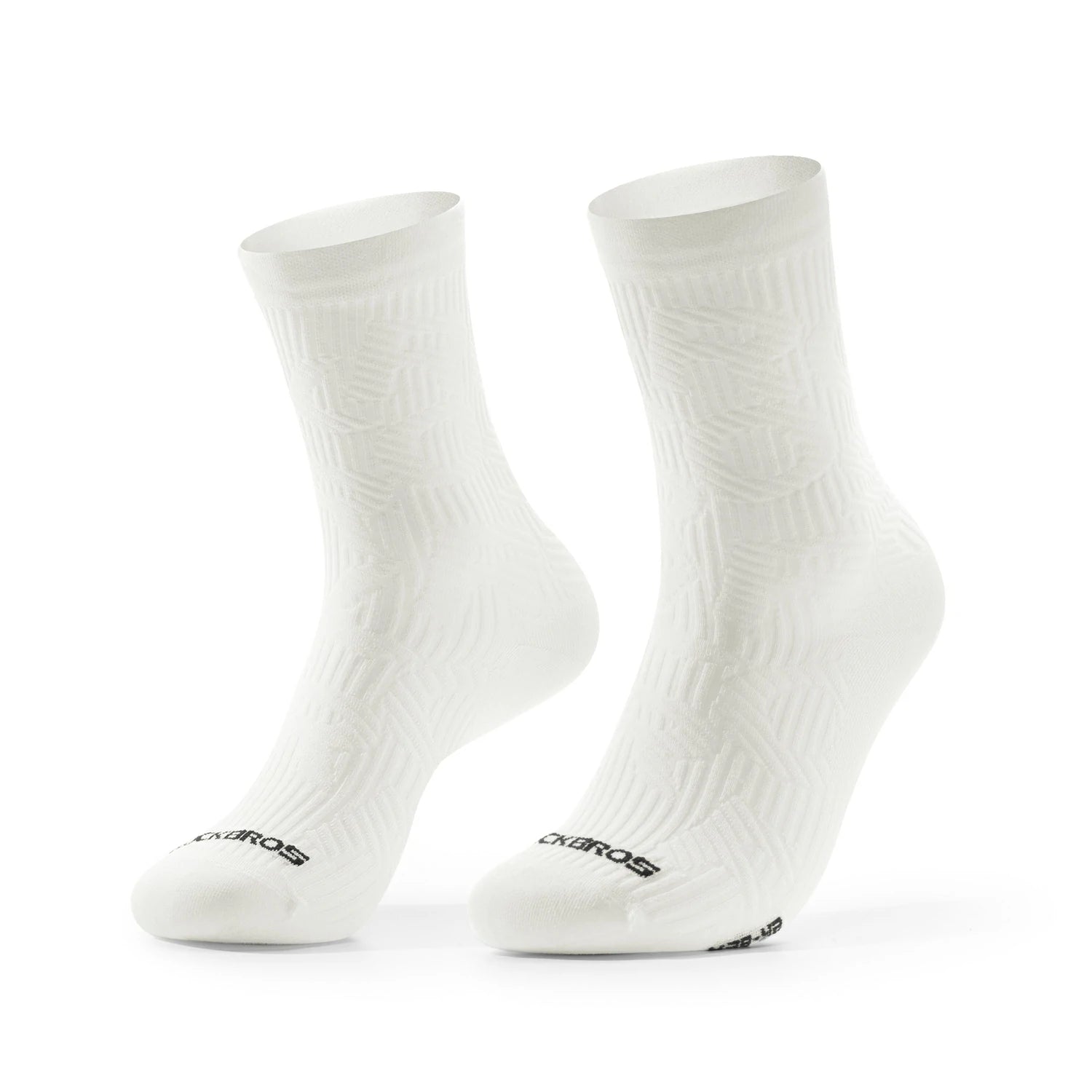 Pair of white socks with a brand logo on a white background #Color_White
