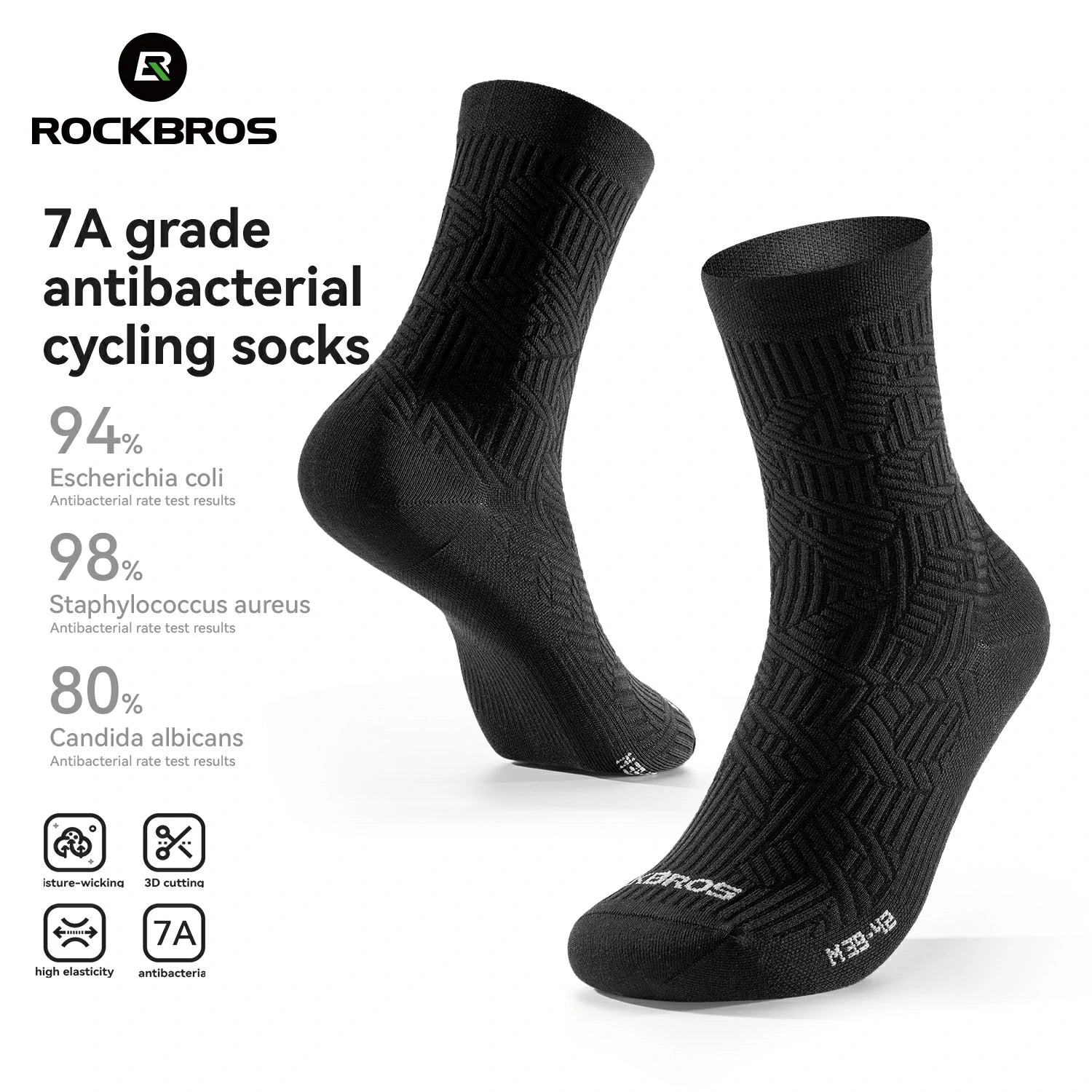 Black antibacterial cycling socks with brand logo and product details on a white background