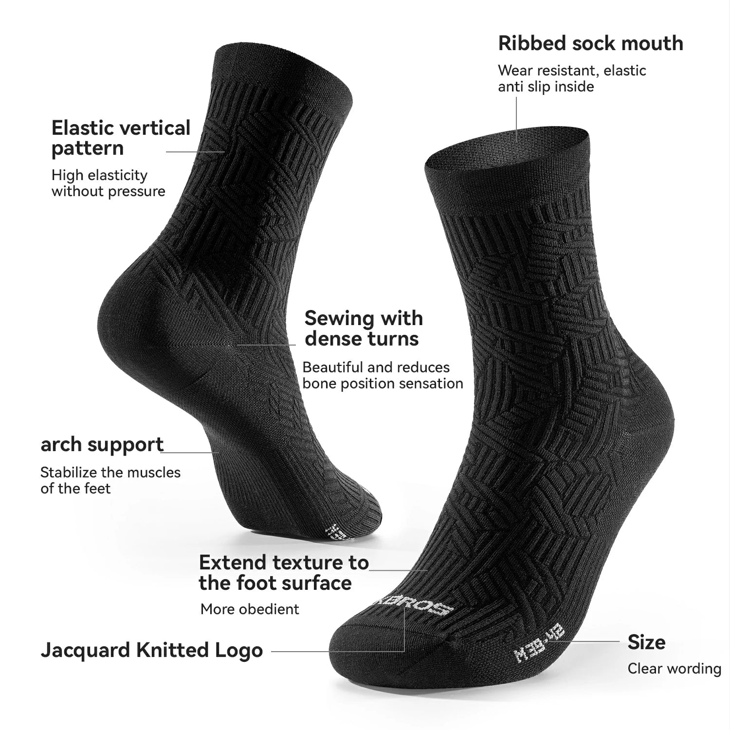 Black socks with text highlighting features on a white background