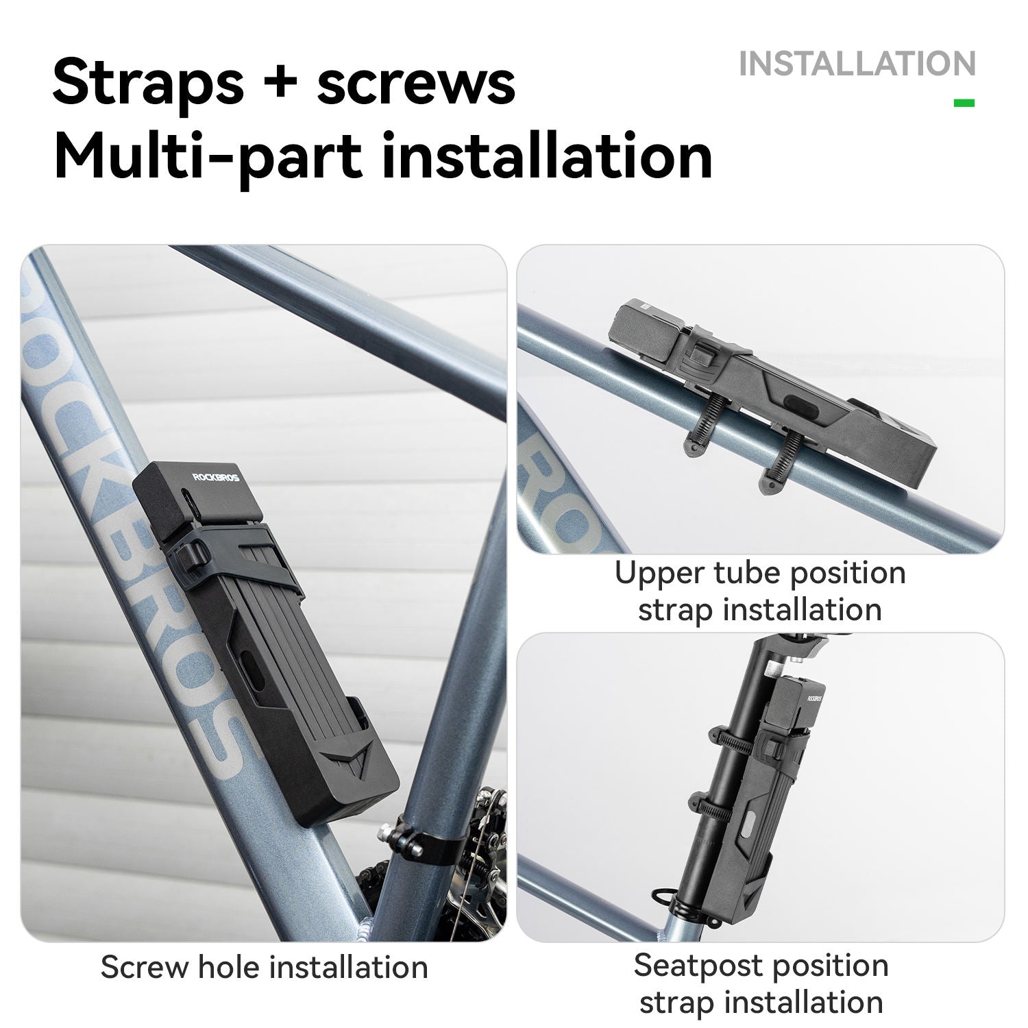 Instructions for installing straps and screws on a bicycle frame with close-up details.
