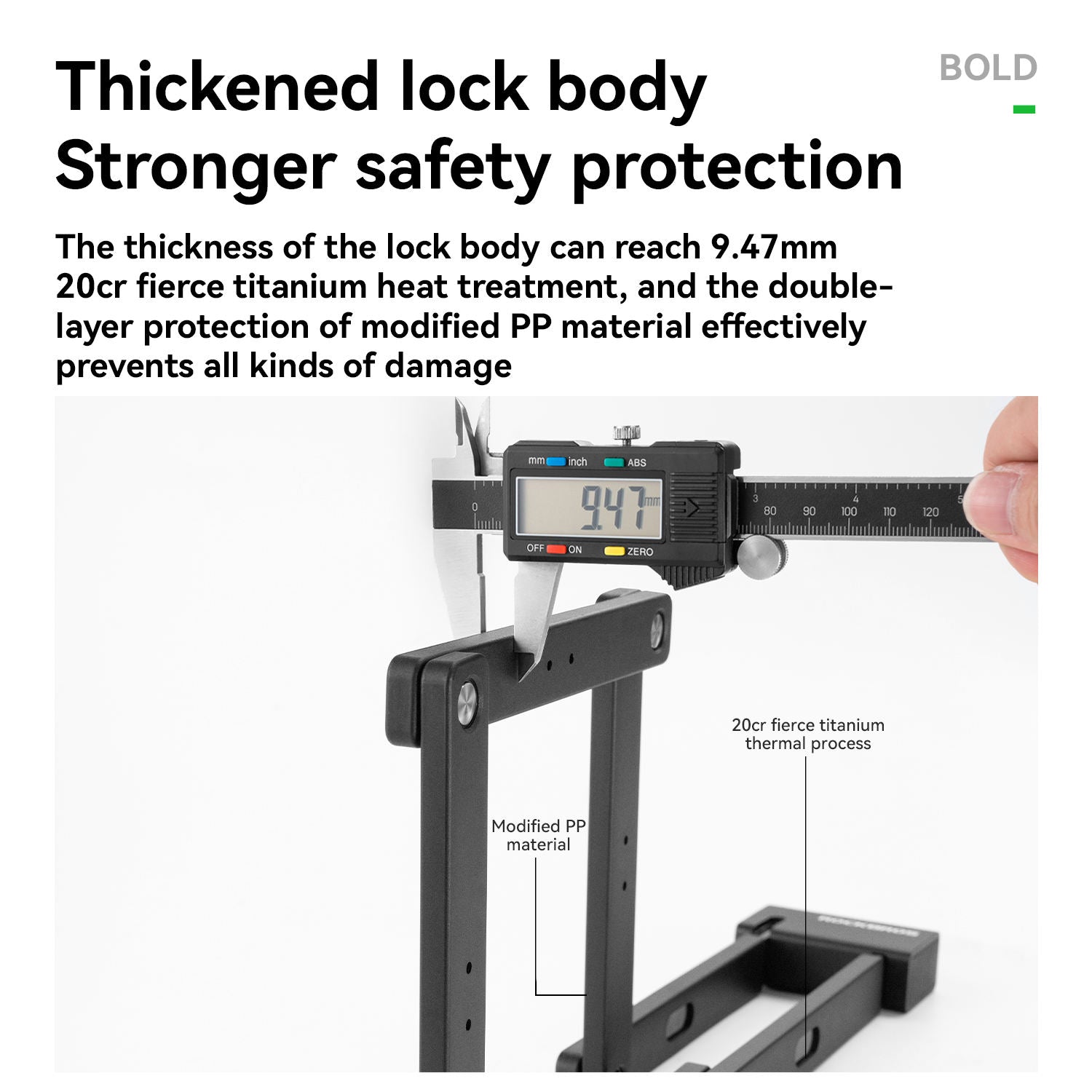 Digital caliper measuring a lock body with text about thickness and safety protection.