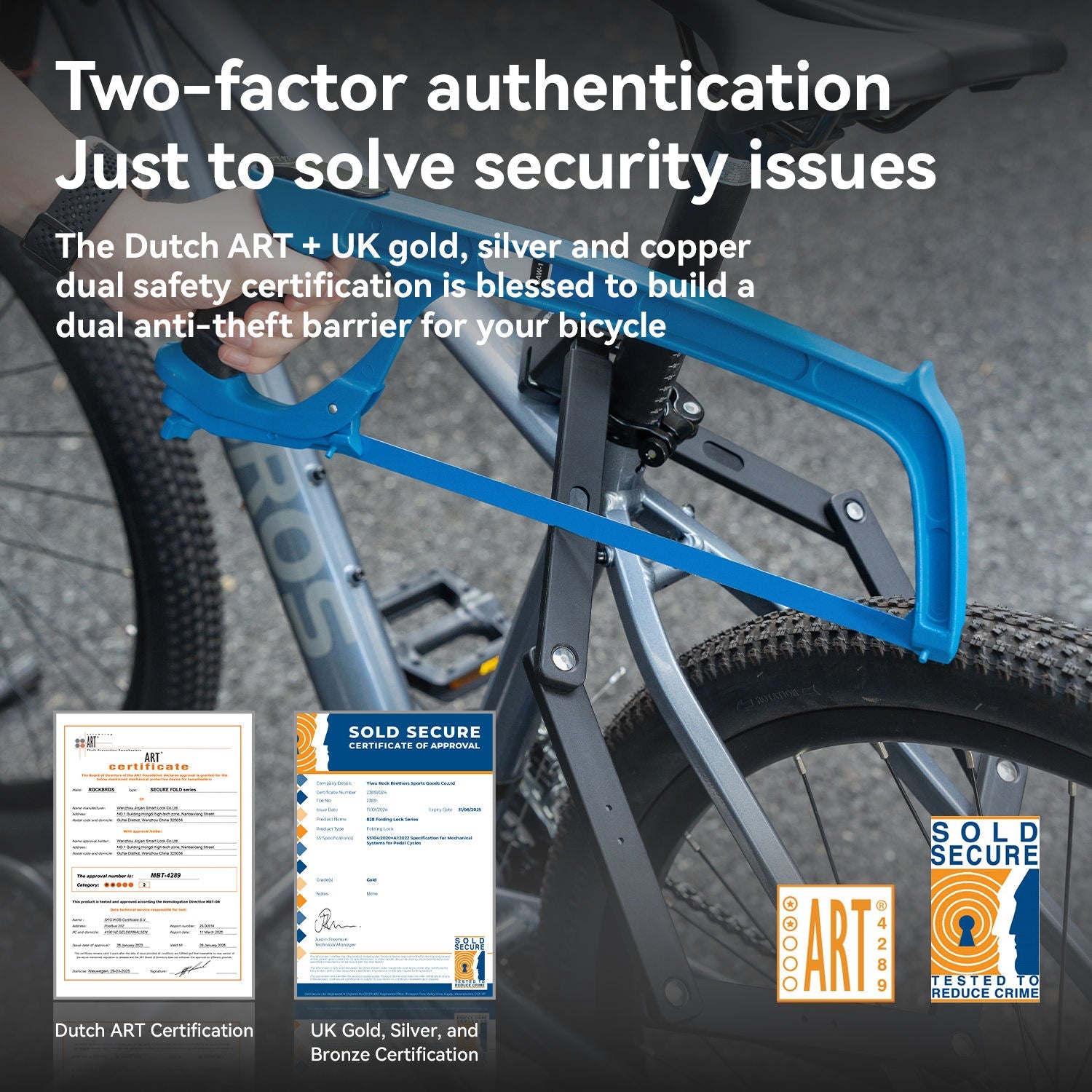Bicycle with a security lock, certification logos, and text about two-factor authentication.