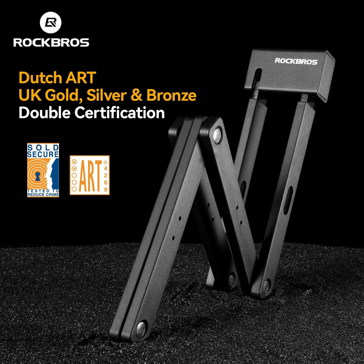 Folding lock with ROCKBROS branding on a black background, featuring certification logos.