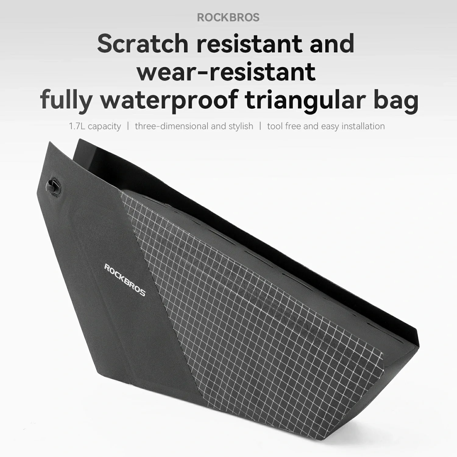 Black triangular bag with grid pattern on a white background, featuring text about its features.