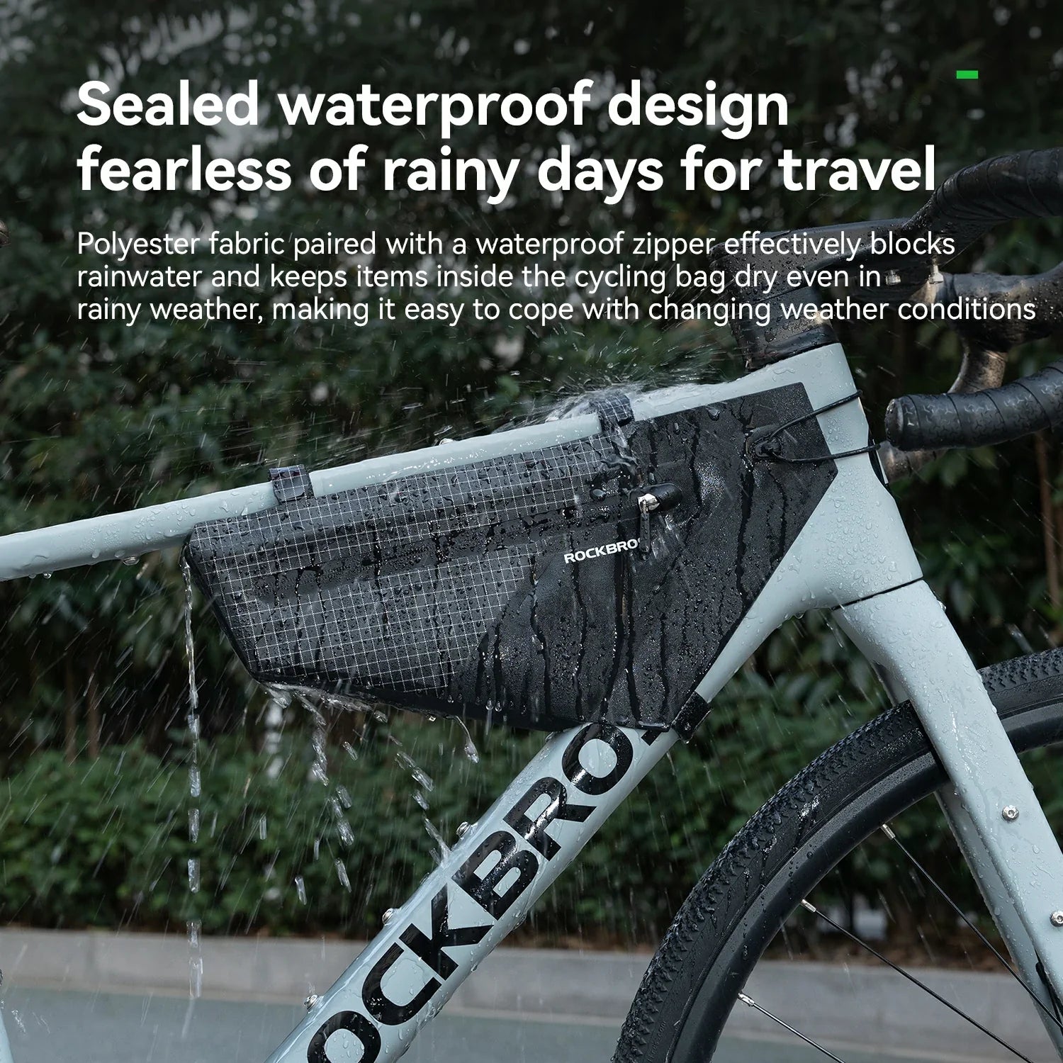 Bicycle with a sealed waterproof bag on a rainy day, featuring text about the bag's design.