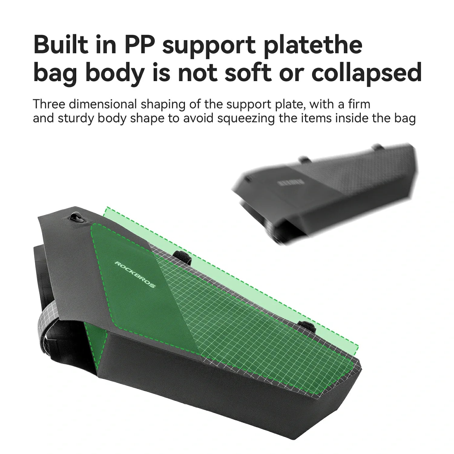 Green and black support plate with text about its sturdiness and shape
