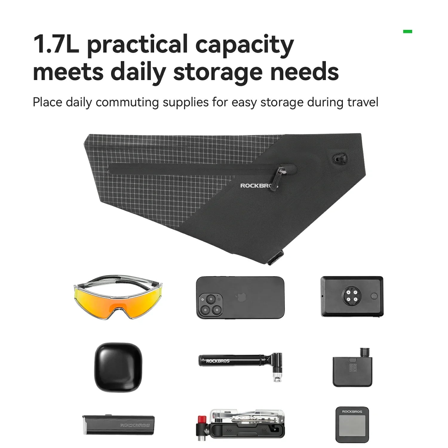 Black storage mat with daily commuting supplies on a white background