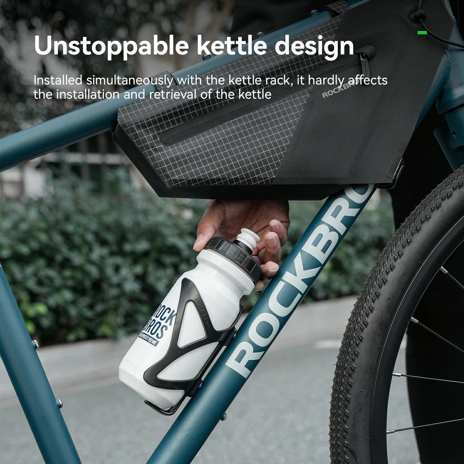 Bicycle with a water bottle holder and 'RockBros' branding, featuring text about an unstoppable kettle design.