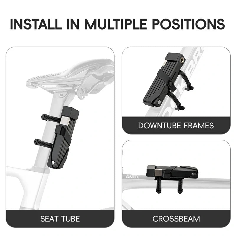 Bicycle lock mount installation guide showing seat tube, downtube frames, and crossbeam positions.