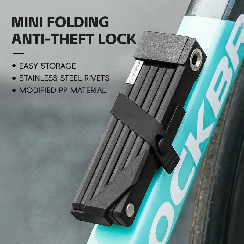 Mini folding anti-theft lock attached to a bicycle with product features listed.