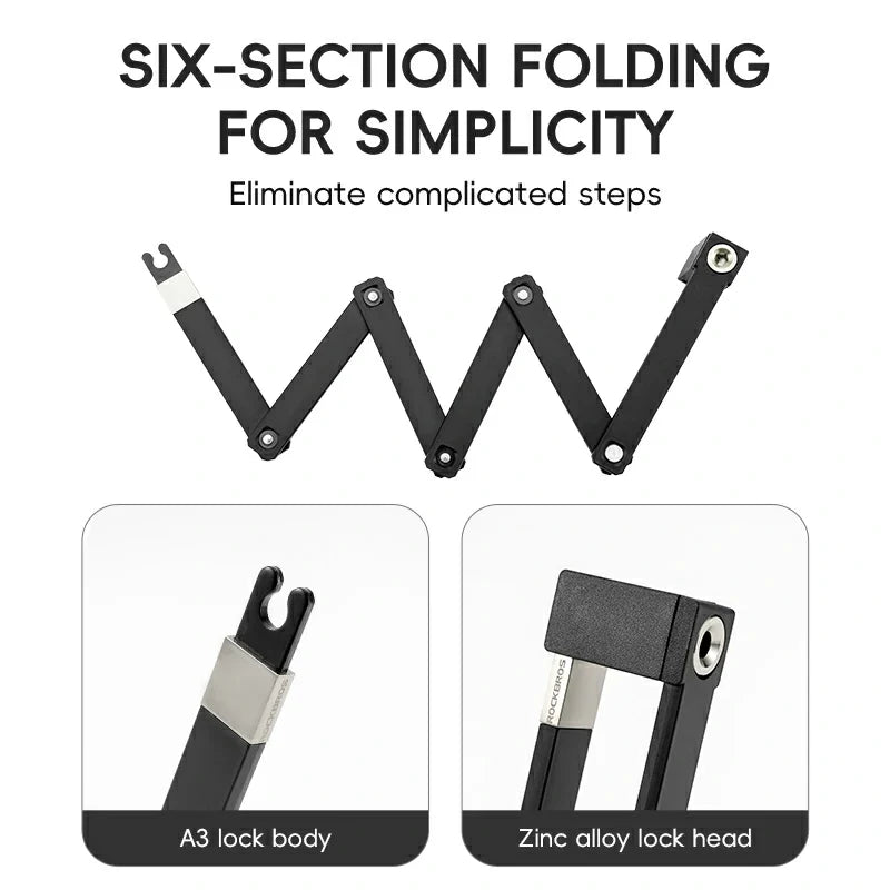 Six-section folding lock with A3 lock body and zinc alloy lock head on a white background.