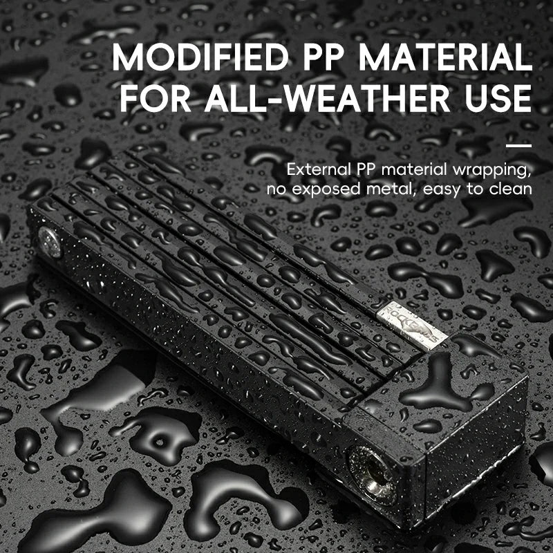 Black lock with 'Modified PP Material for All-Weather Use' text on a wet surface.