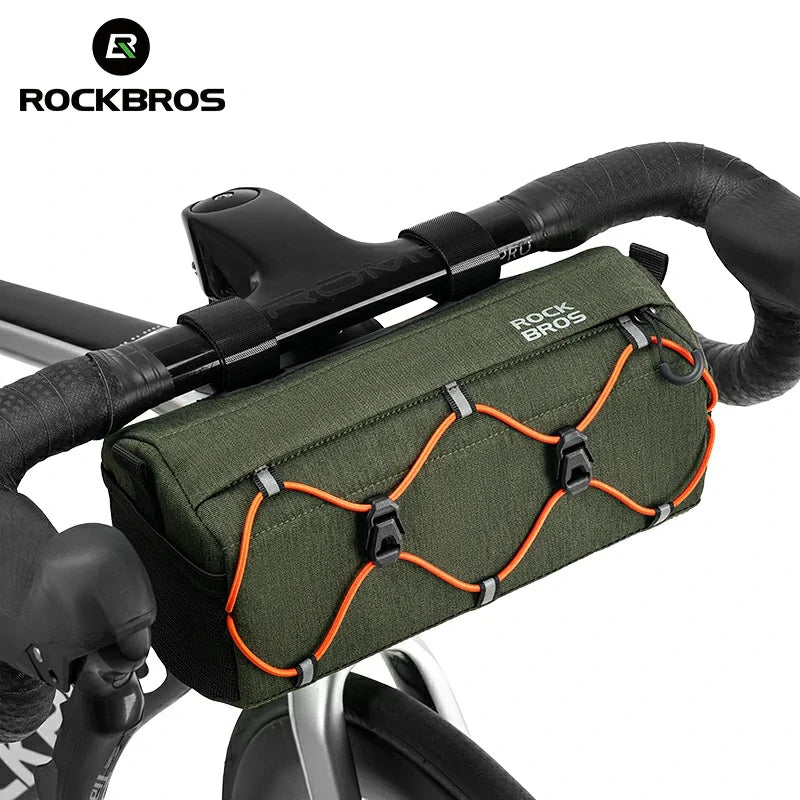 Green bicycle handlebar bag with orange accents on a white background, featuring the RockBros brand.