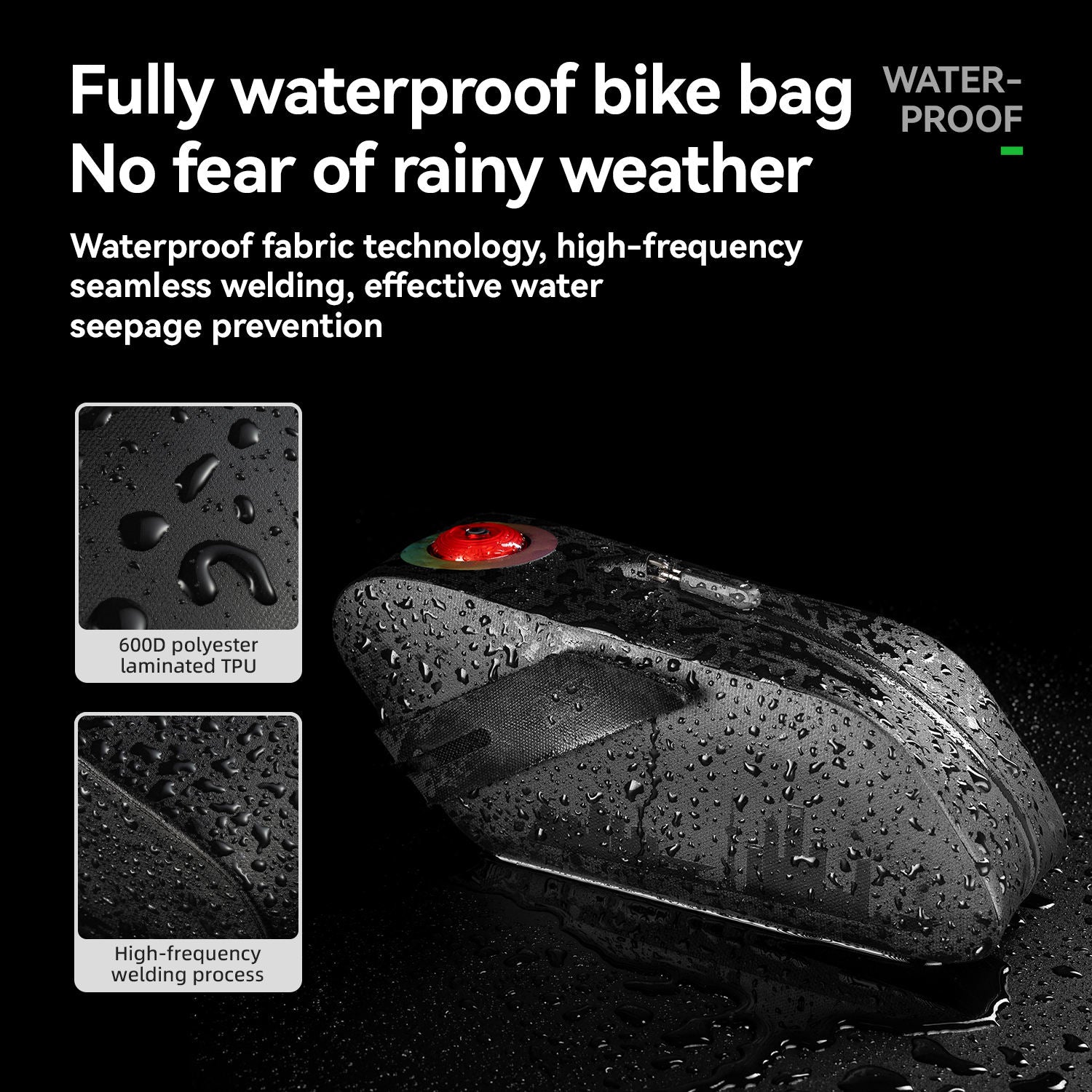 Fully waterproof bike bag with text highlighting features on a black background
