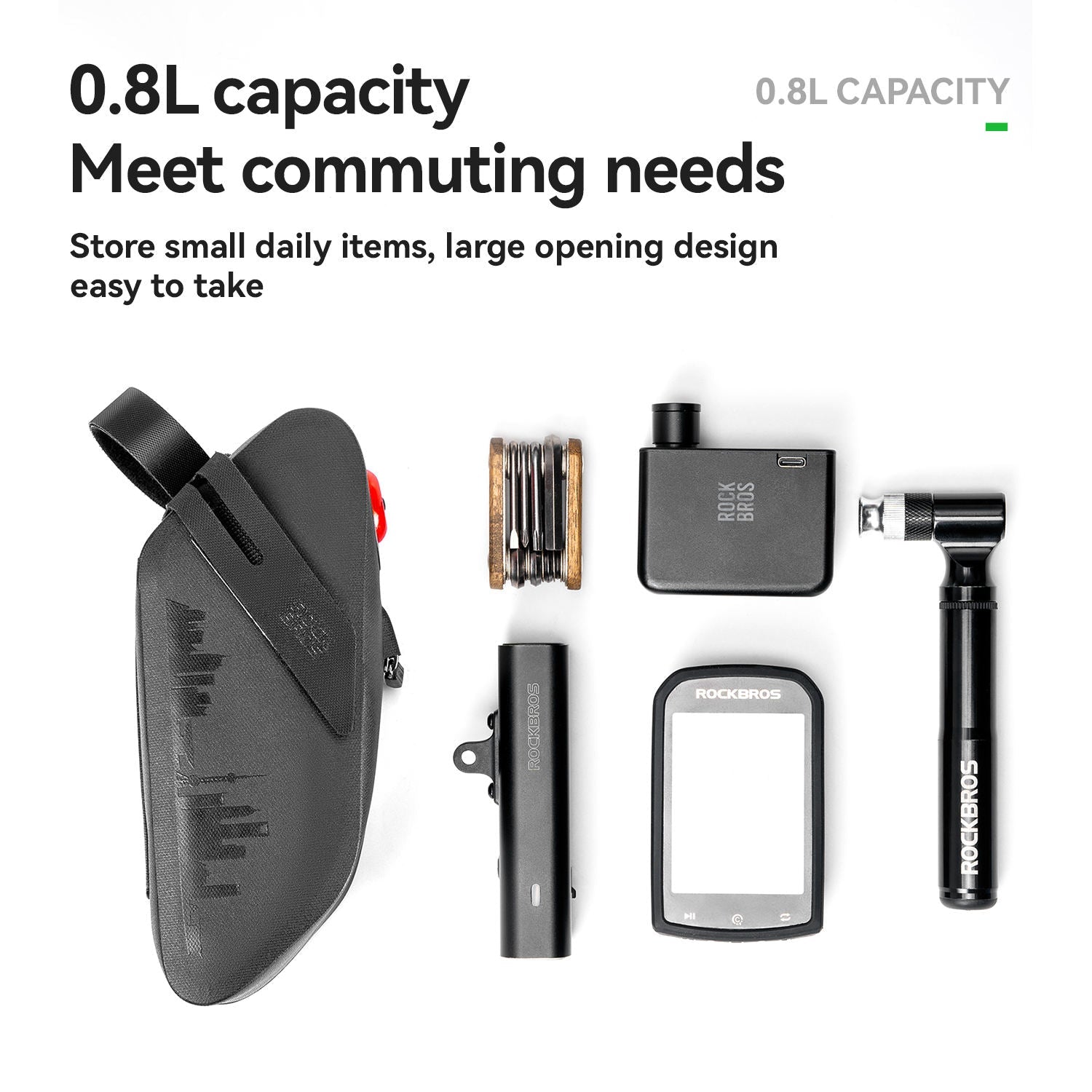 Collection of small daily items with a 0.8L capacity organizer on a white background.