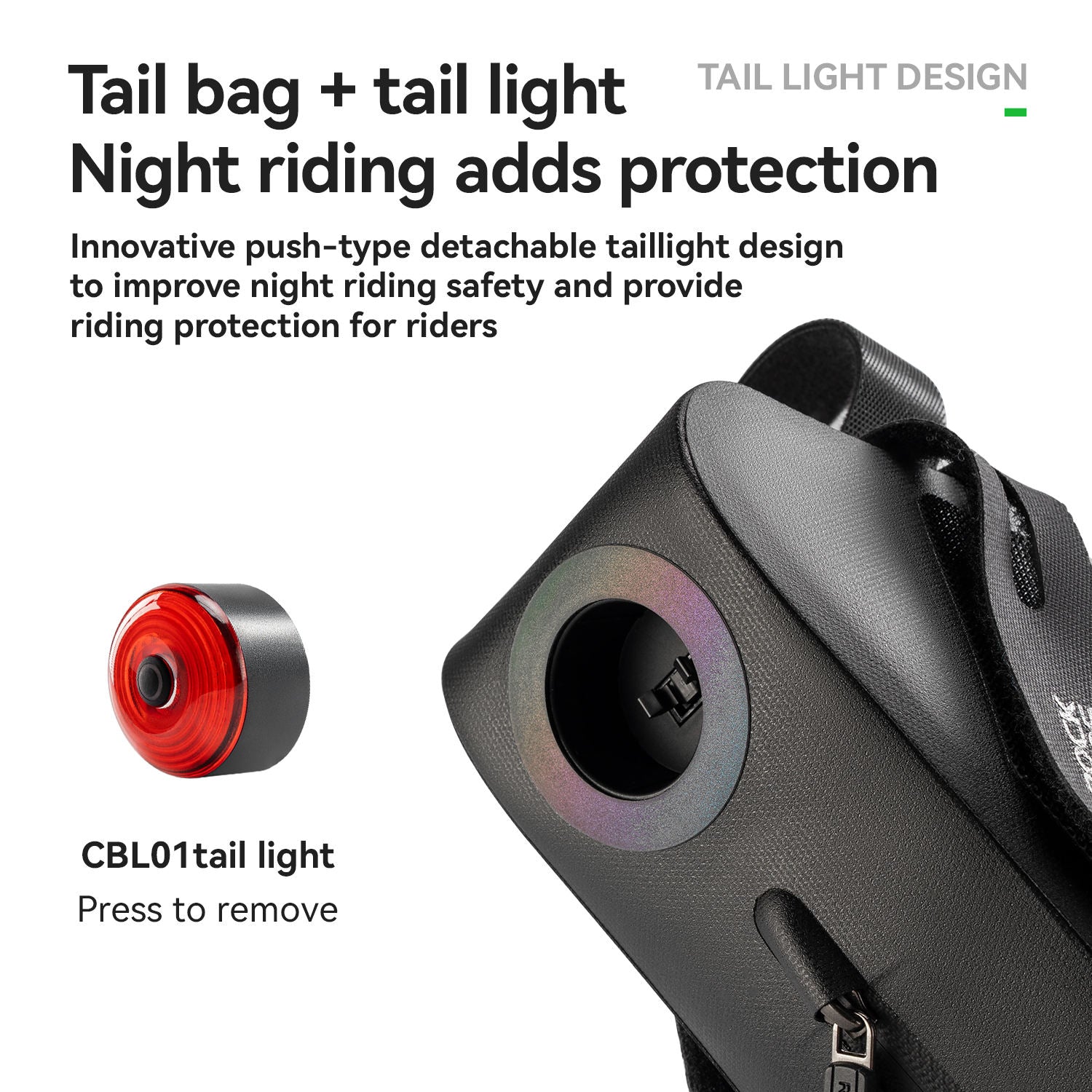 Tail bag with detachable tail light for night riding safety on a white background