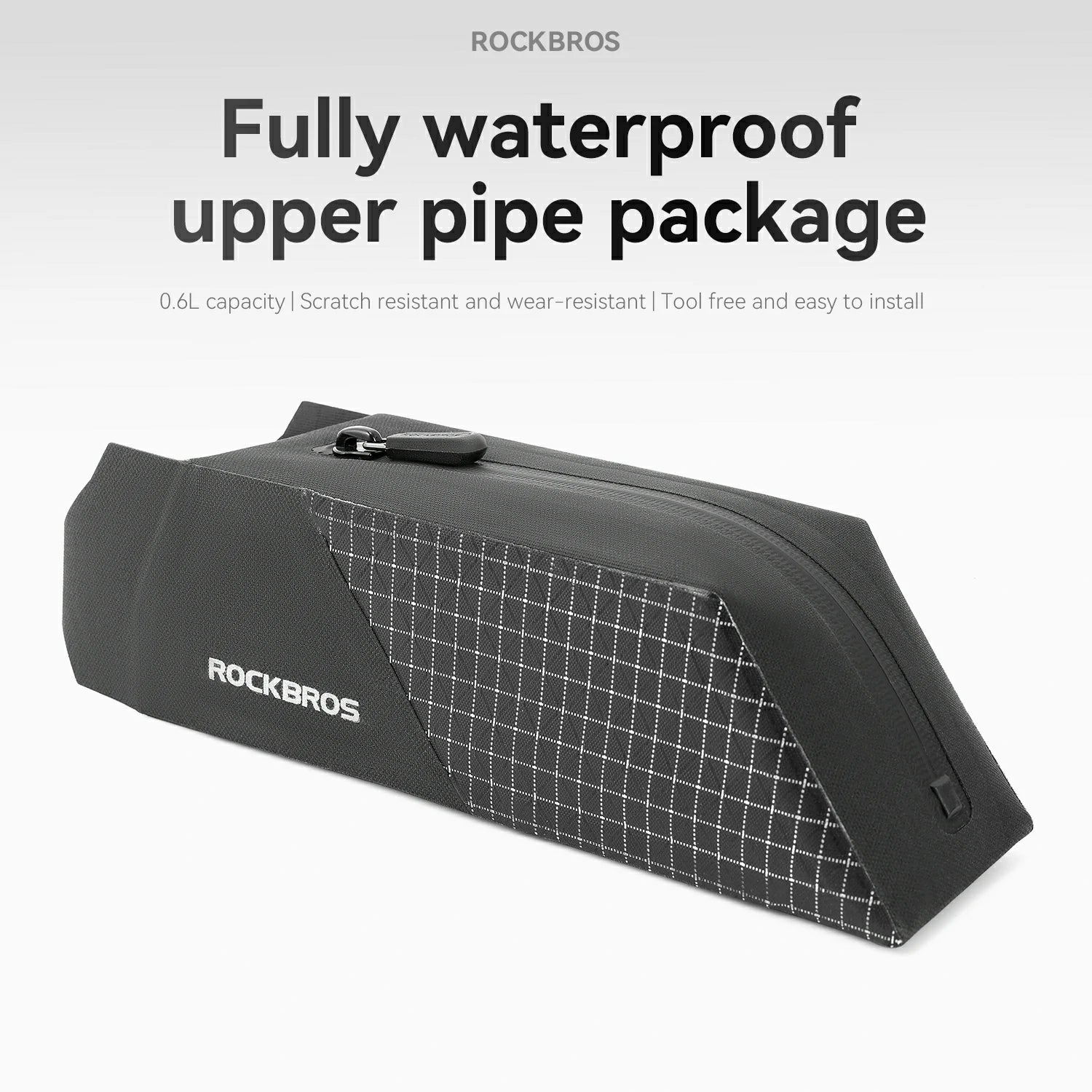 Black waterproof package with grid pattern and 'RockBros' branding on a gray background