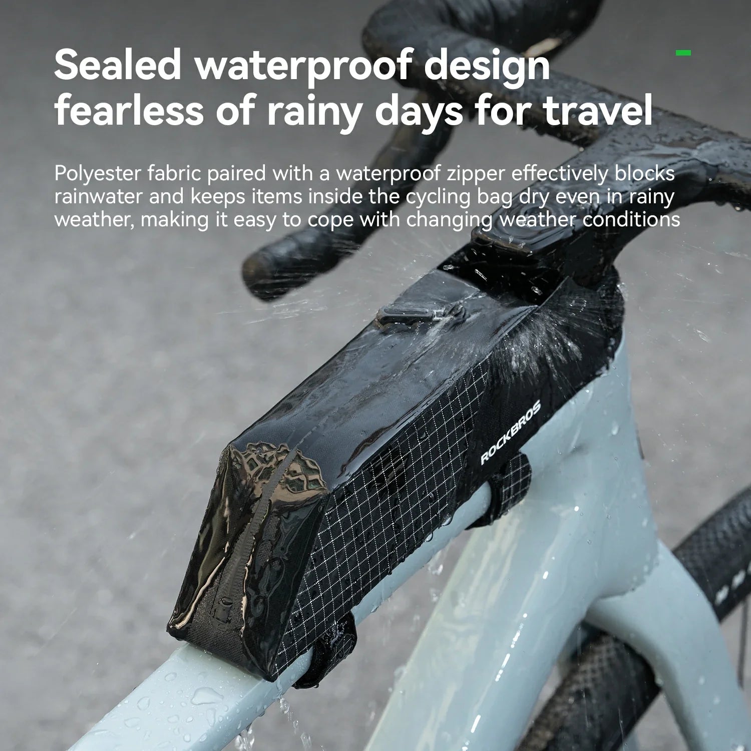 Bicycle bag with waterproof design on a bike frame, text about sealed waterproof design.