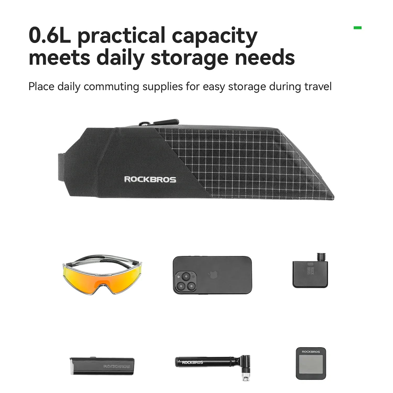 Black grid-patterned storage bag with 'RockBros' branding, placed above daily commuting supplies on a white background.
