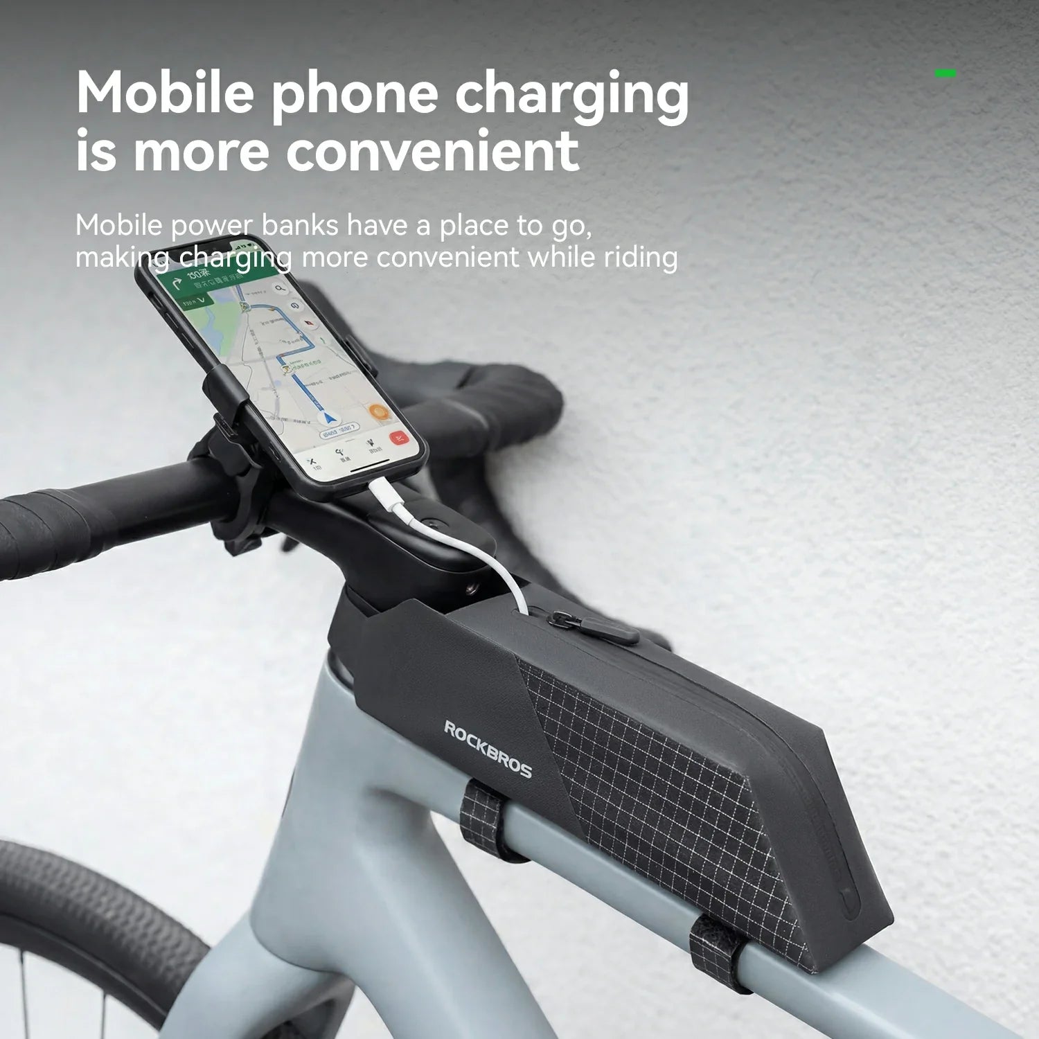 Bicycle handlebar with a phone mount and power bank, featuring the brand 'Rockbros'.