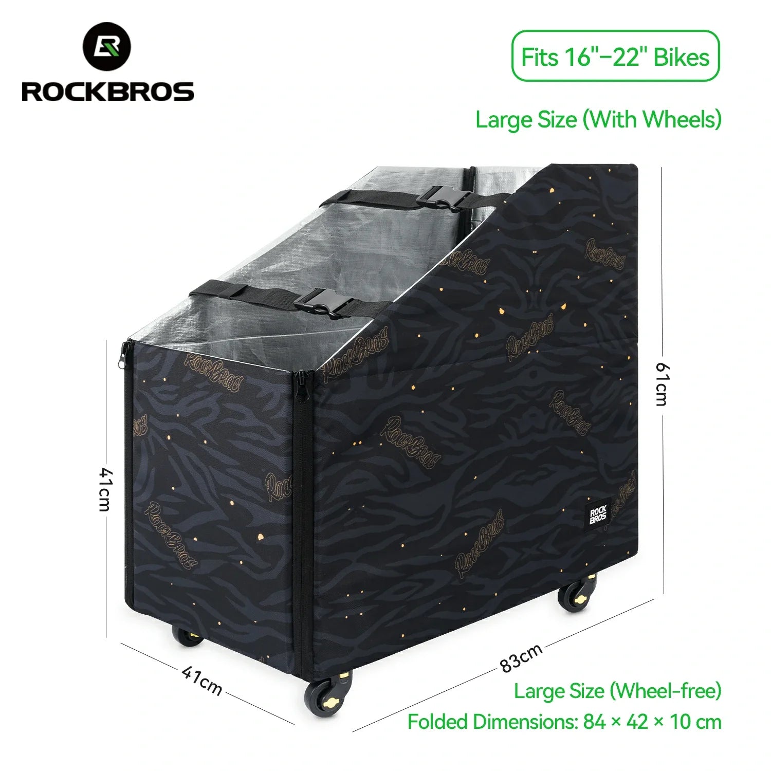 Black bike storage bag with clear window, wheels, and dimensions on a white background, featuring RockBros branding. #Size_Large with wheels