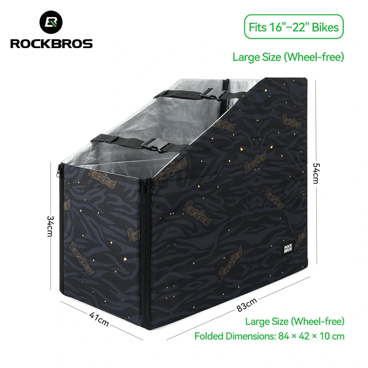 Black bike cargo box with dimensions and RockBros branding on a white background #Size_Large without wheels