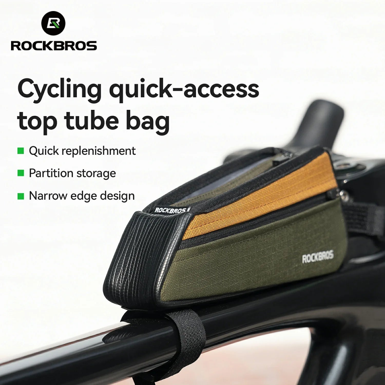 A ROCKBROS cycling quick-access top tube bag mounted on a bicycle frame. The bag has a black and olive green body with a tan side panel and black straps, shown against a clean white background with product feature text and the ROCKBROS logo.